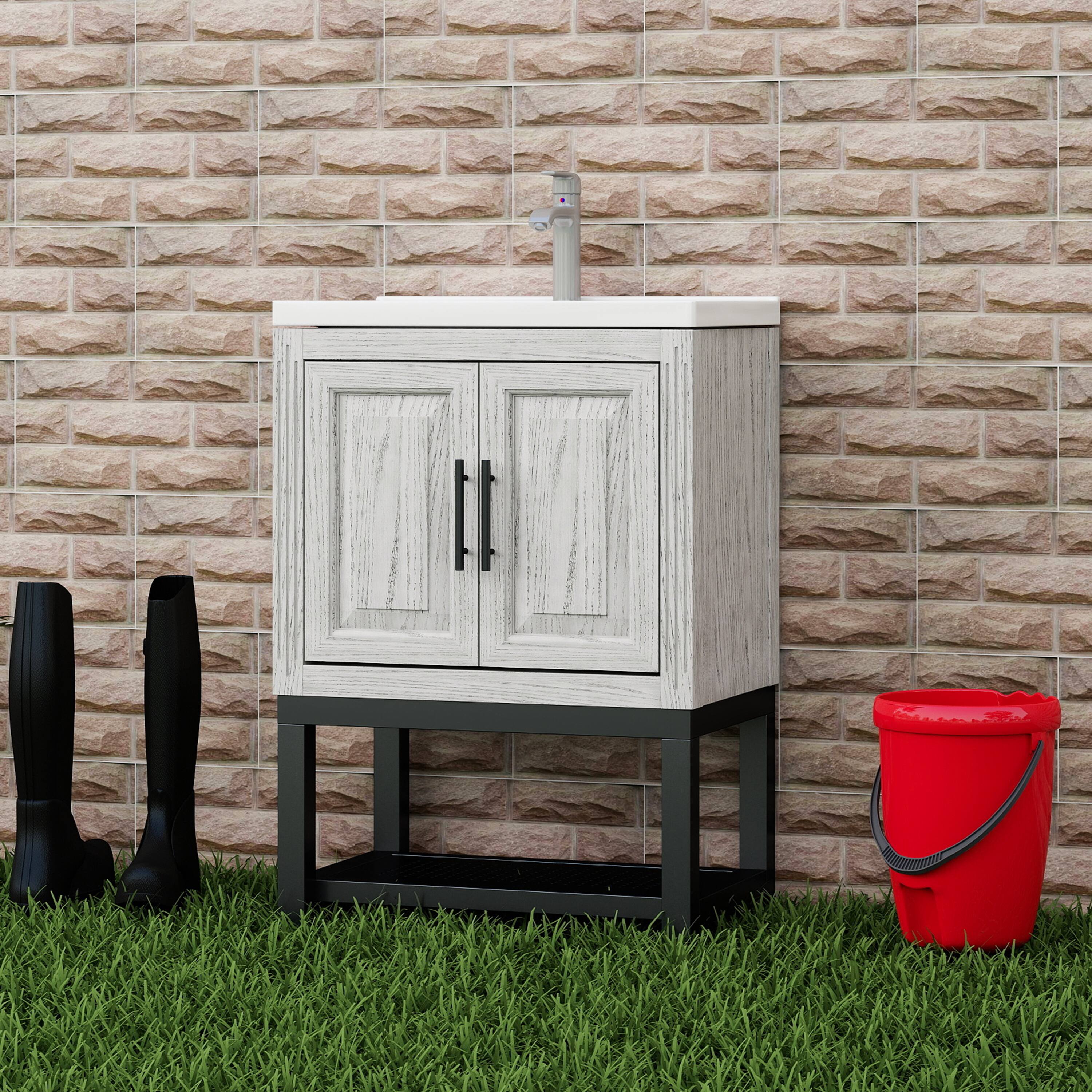 Angle. TinyHomie - 24in Bathroom Vanity with White Ceramic Sink and Hot and Cold Faucet Freestanding Bathroom Cabinet with 2 Storage Doors - White.