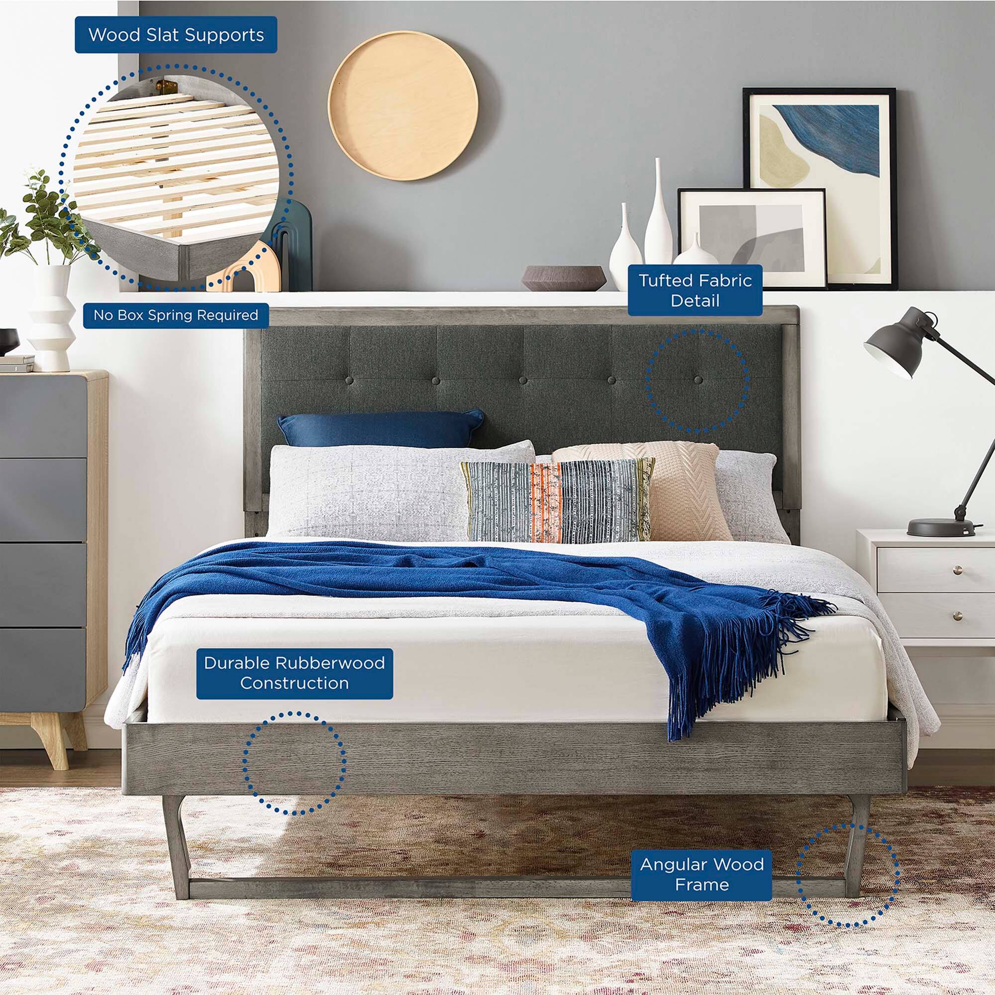 - Wood Slat Supports
- No Box Spring Required
- Tufted Fabric Detail
- Durable Rubberwood Construction
- Angular Wood Frame
