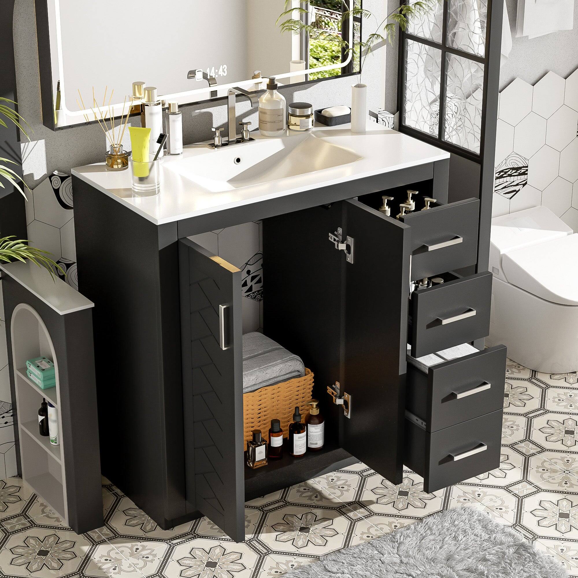Alt View 5. Boyel Living - 36 Inch Bathroom Vanity with Ceramic Sink Solid Wood Frame Three Drawers Black - Black.