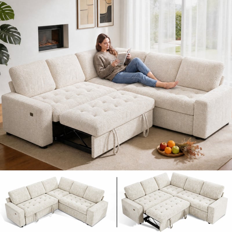 Front. Dyonery - 80" 5 Seat Modular Sectional Couch Sofa with Pull Out Bed/USB Ports/Adjustable Backrest/Storage Seats for Living Room - Beige.