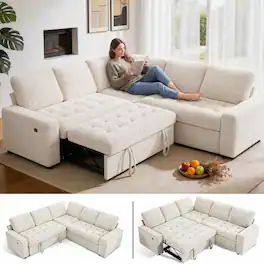 Dyonery - 80" 5 Seat Modular Sectional Couch Sofa with Pull Out Bed/USB Ports/Adjustable Backrest/Storage Seats for Living Room - Beige