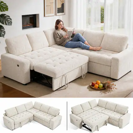 Front. Dyonery - 80" 5 Seat Modular Sectional Couch Sofa with Pull Out Bed/USB Ports/Adjustable Backrest/Storage Seats for Living Room - Beige.