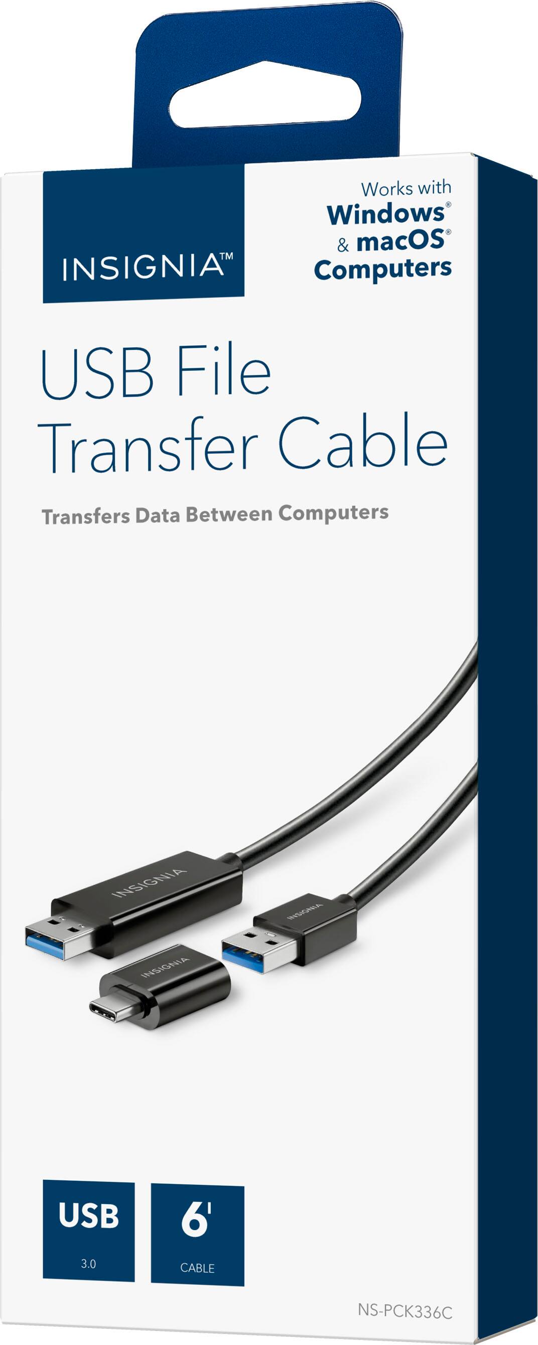 The text on the image is grouped and corrected as follows:

"Works with Windows & macOS USB File Transfer Cable Transfers Data Between Computers Insignia RSG Insignia MIA USB 3.0 6' Cable NS-PCK336C."