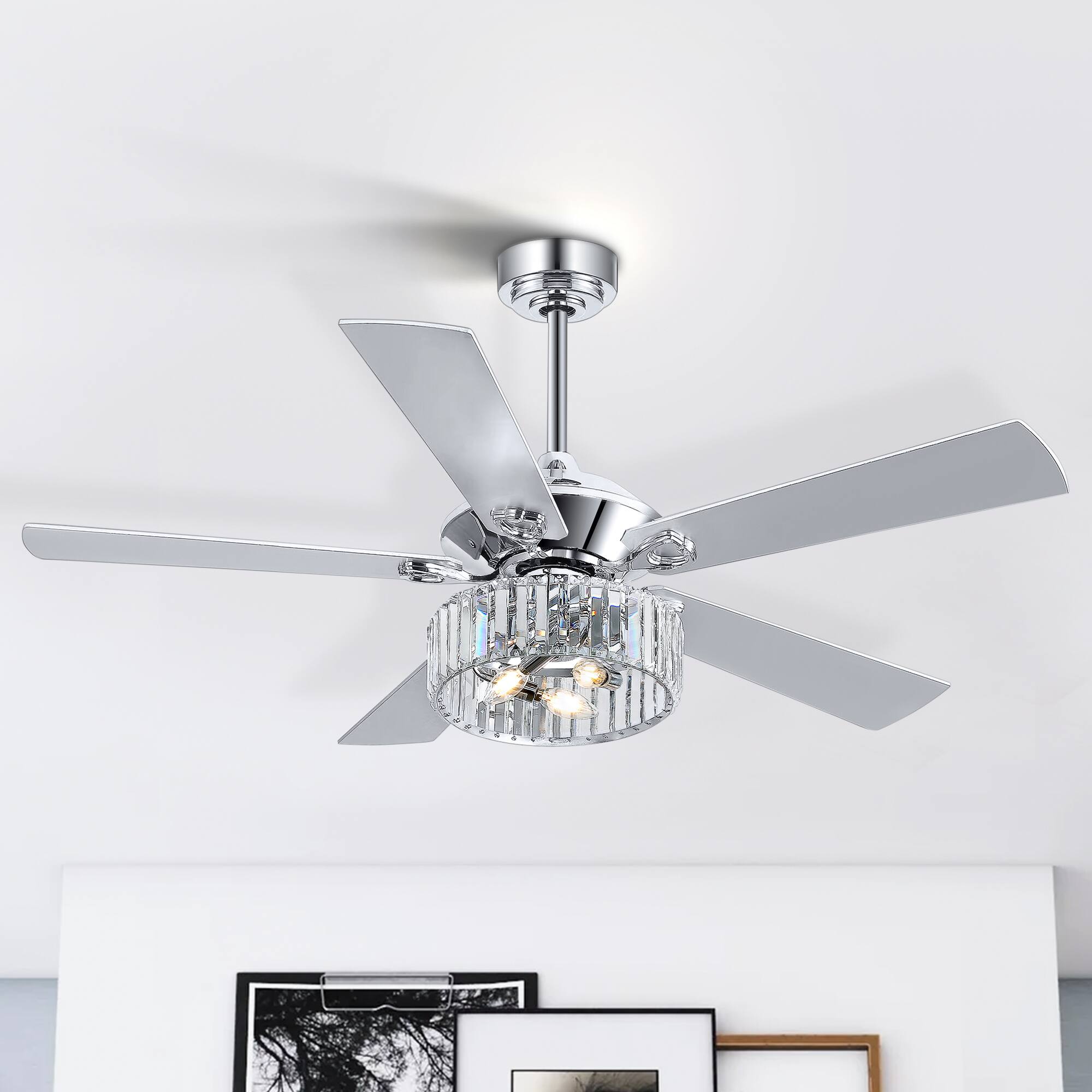 Left. Breezary - 52" Indoor Chandelier Ceiling Fan with Silver Blades & Crystal E12 Triple Light - Remote Included (5-Blade) - Chrome.