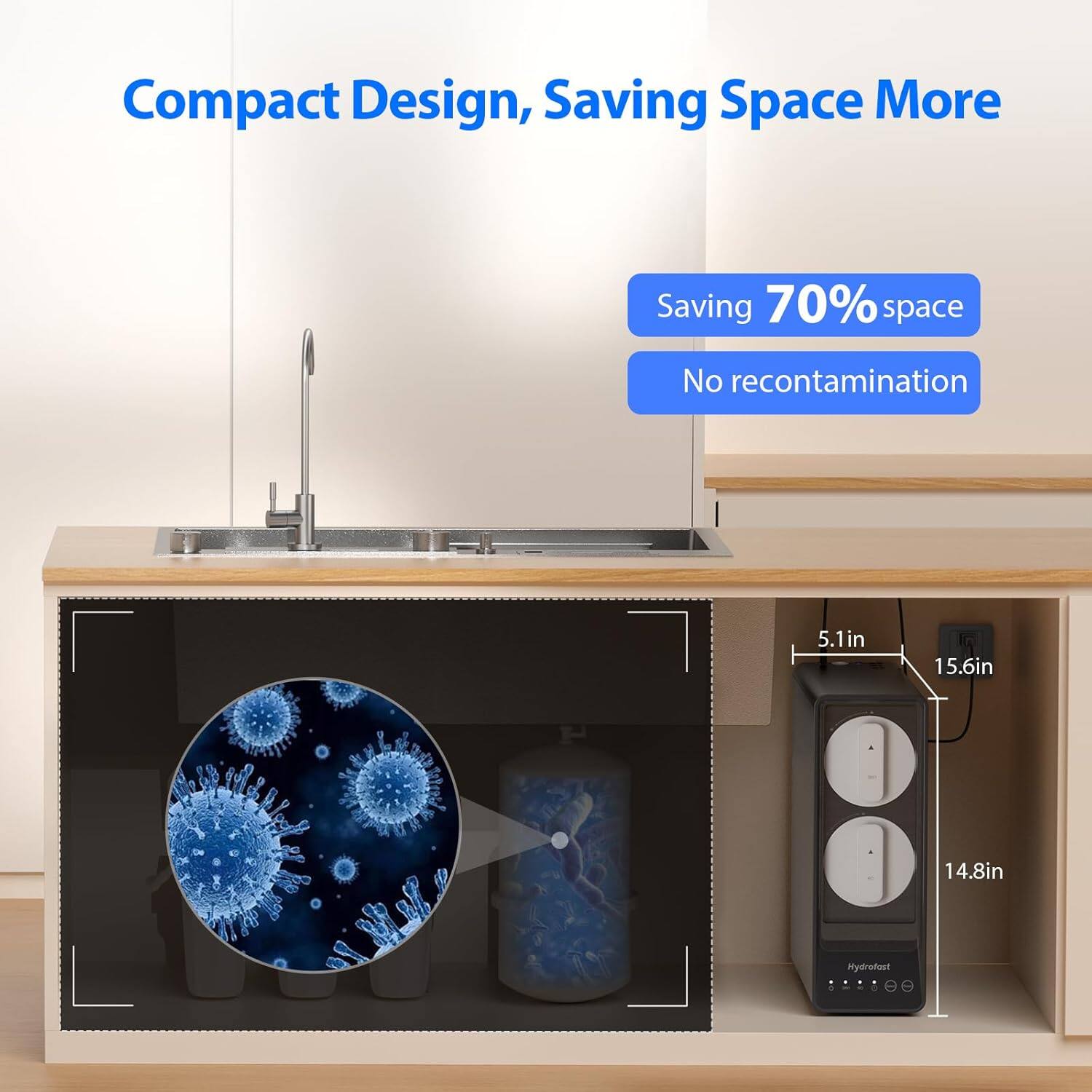 Compact Design, Saving Space More  
Saving 70% space  
No recontamination  
5.1in x 15.6in x 14.8in  
Hydrafunt