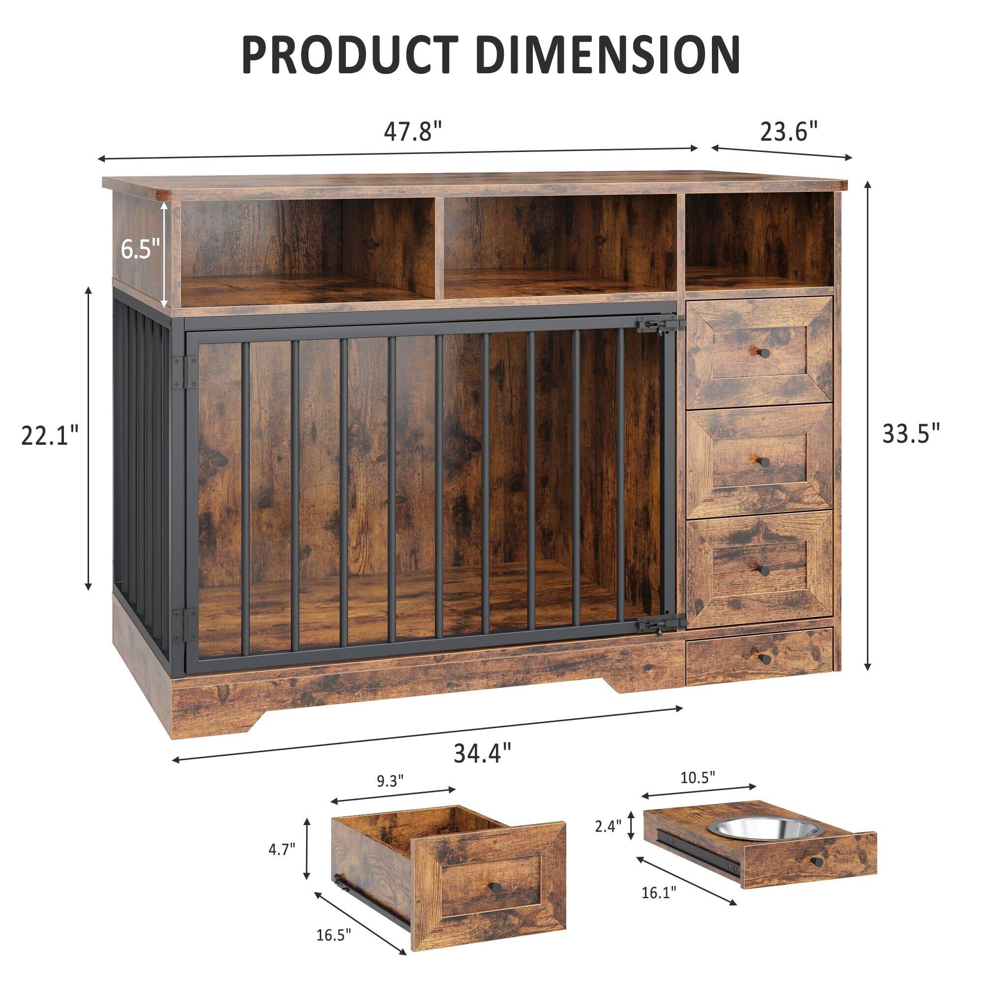 Alt View 2. Acekool - 48 Inch Dog Crate Furniture, Wooden Kennel Table with Bowl & Storage Drawers - Brown.