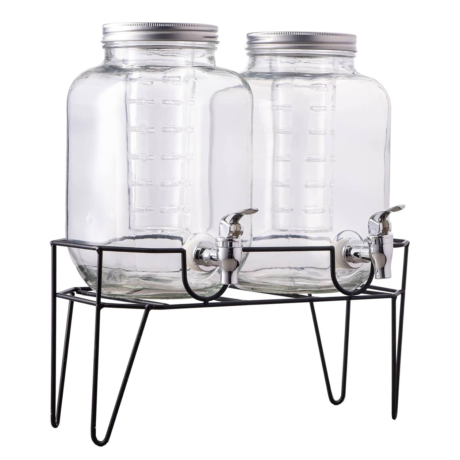 Angle. Style Setter - Clifford Set of 2 Dispensers with Infuser & Stand, Silver Lid 1 GAL/4 L - Clear.