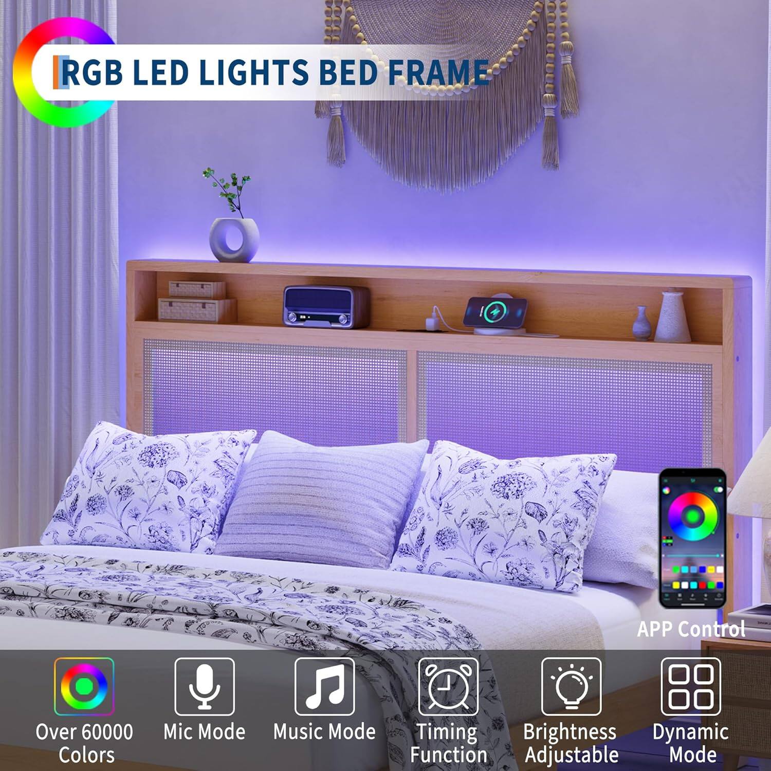 RGB LED LIGHTS BED FRAME

- Over 60000 Colors
- Mic Mode
- Music Mode
- Timing Function
- Brightness Adjustable
- Dynamic Mode
- APP Control