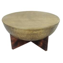 Manhattan Lane - Arden Coffee Table | Round Hammered Metal Top | Mango Wood Base| Antique Brass - Antique Brass, Brown