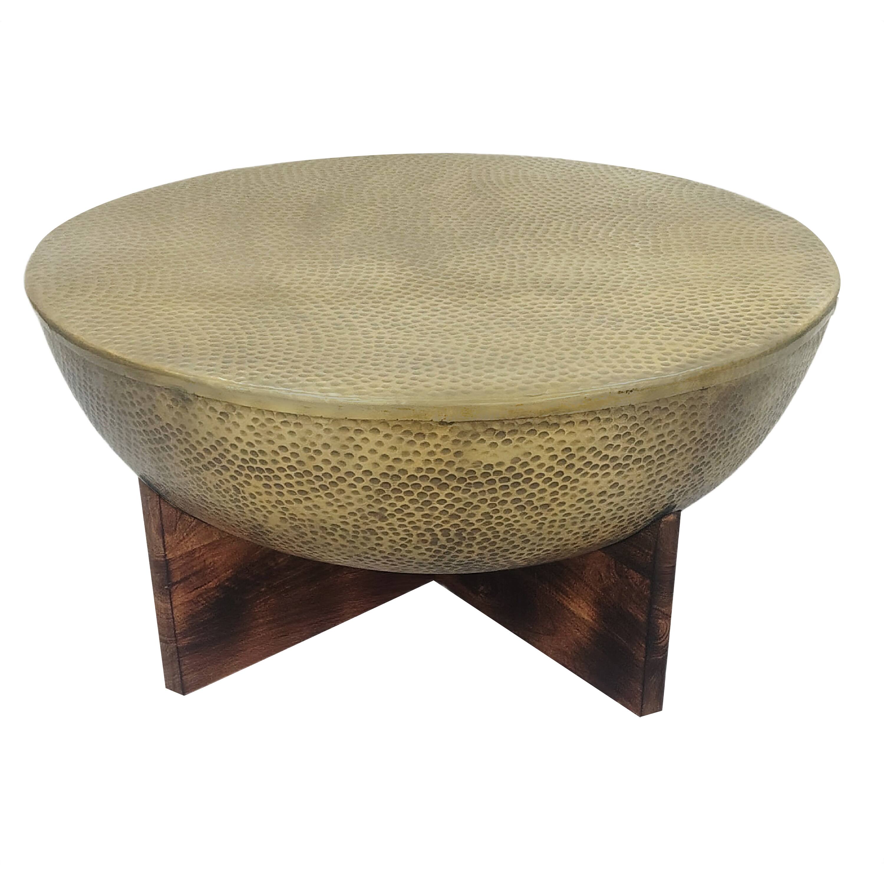 Front. Manhattan Lane - Arden Coffee Table | Round Hammered Metal Top | Mango Wood Base| Antique Brass - Antique Brass, Brown.