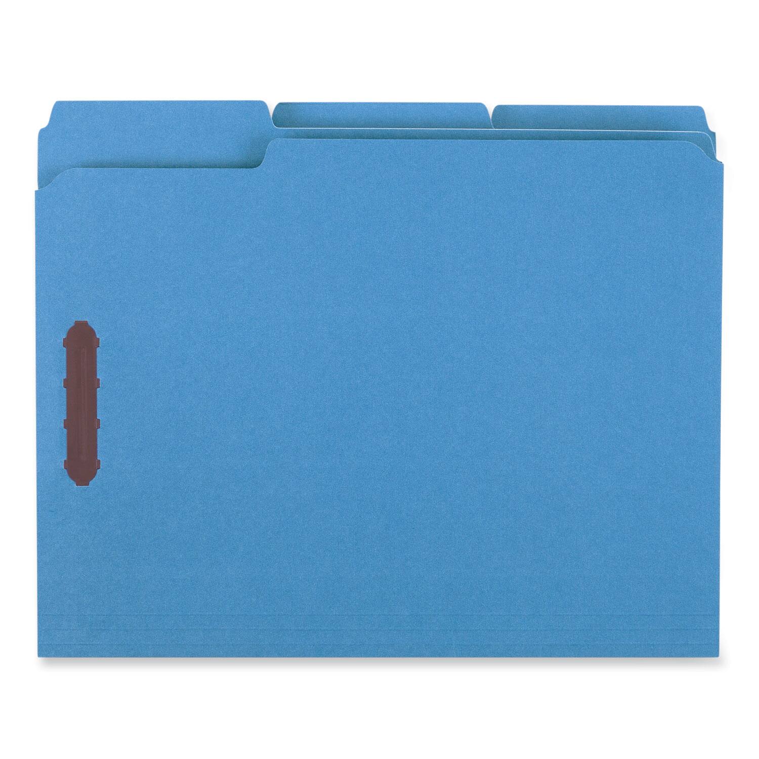 Left. Universal - Deluxe Reinforced Top Tab Fastener Folders, 0.75" Expansion, 2 Fasteners, Letter Size, Blue Exterior, 50/Box.