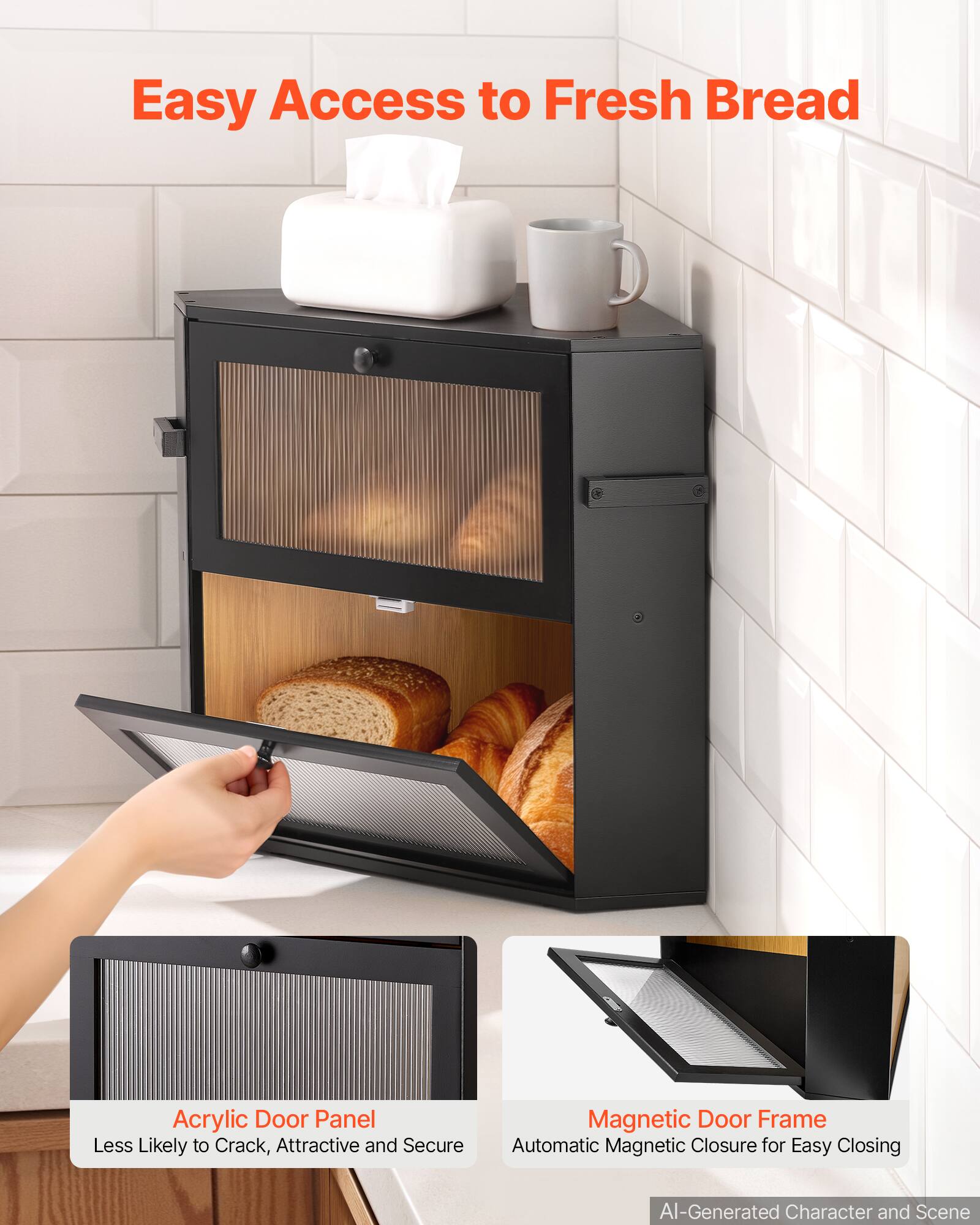 VEVOR Corner Bread Box for Kitchen Counter Bamboo Wood Container for ...