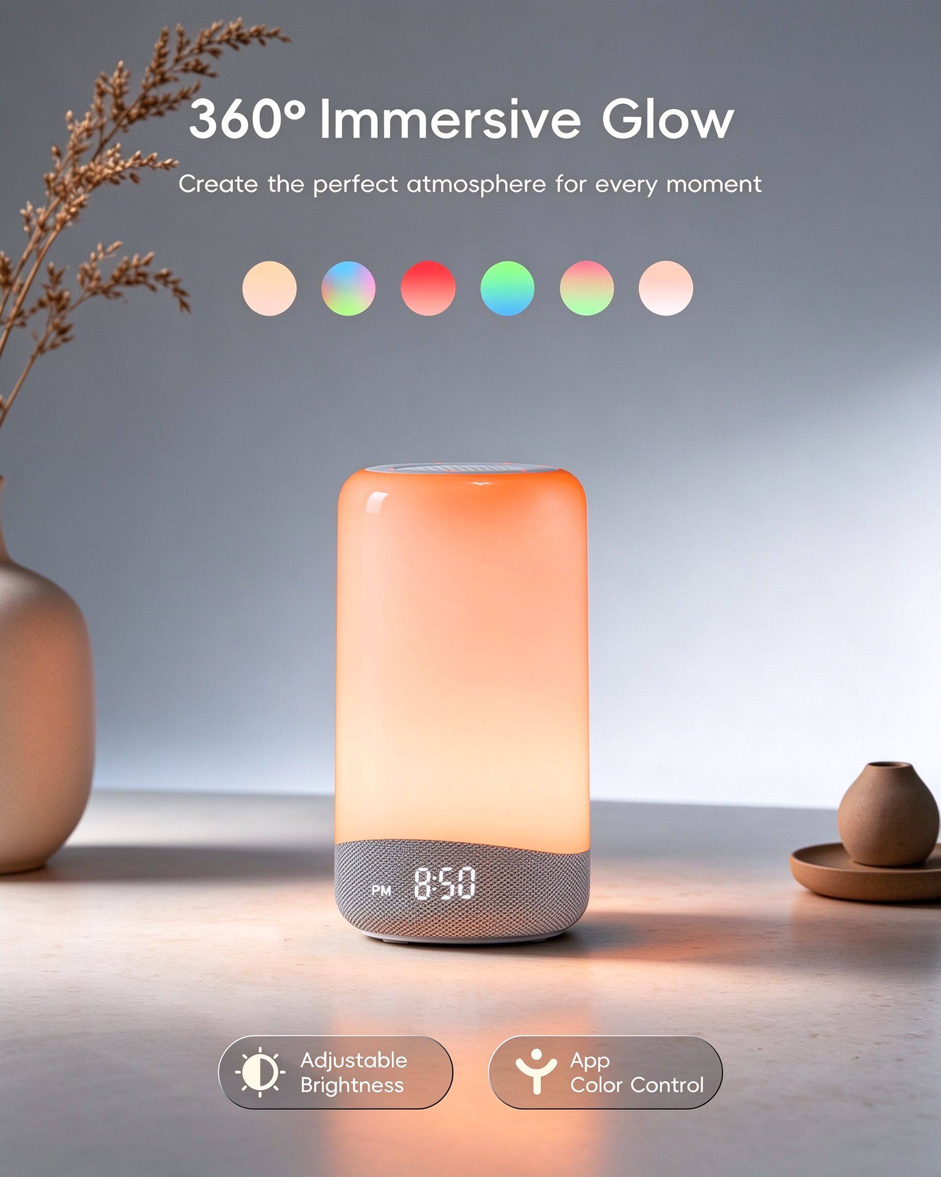360° Immersive Glow  
Create the perfect atmosphere for every moment  

PM 8:50  

Adjustable Brightness  
App Color Control