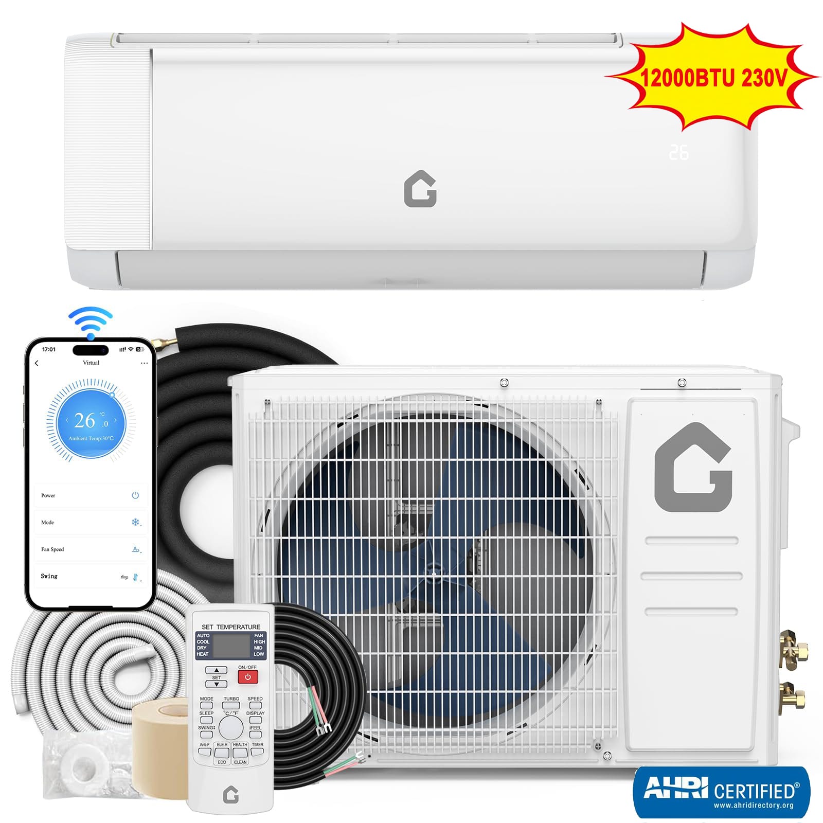GARVEE - 12000 BTU 21 SEER Mini Ductless Split Air Conditioner & Heat Pump 230V Inverter AC 1 TON For 750 Sq.Ft - White