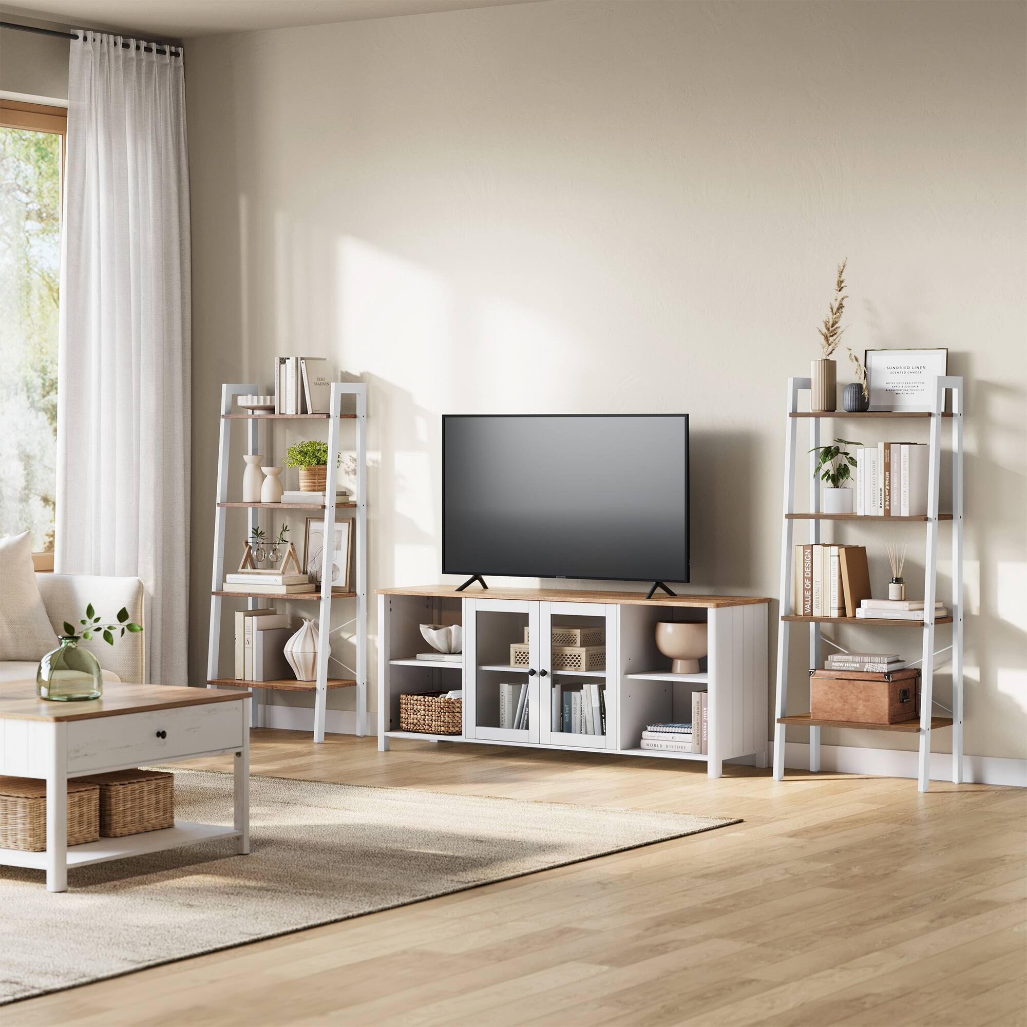 Back. Songmics Home - Ladder Shelf, 4-Tier Bookshelf, Storage Rack, Bookcase with Steel Frame, for Living Room, Home Office, Kitchen, Bedroom - Honey Brown and White.