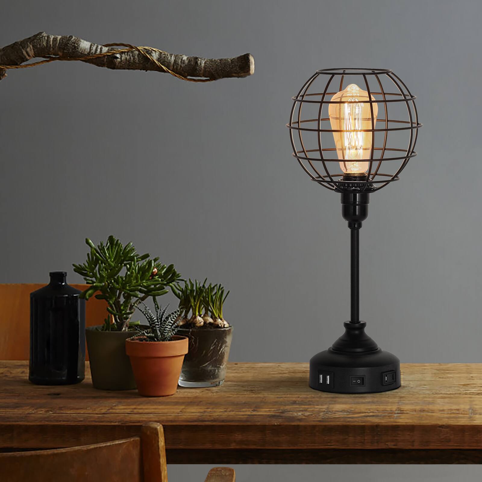 Alt View 2. Oumilen - Industrial Globe Table Lamp with USB & AC Outlet – Metal Cage Nightstand Lamp for Bedroom, Living Room.