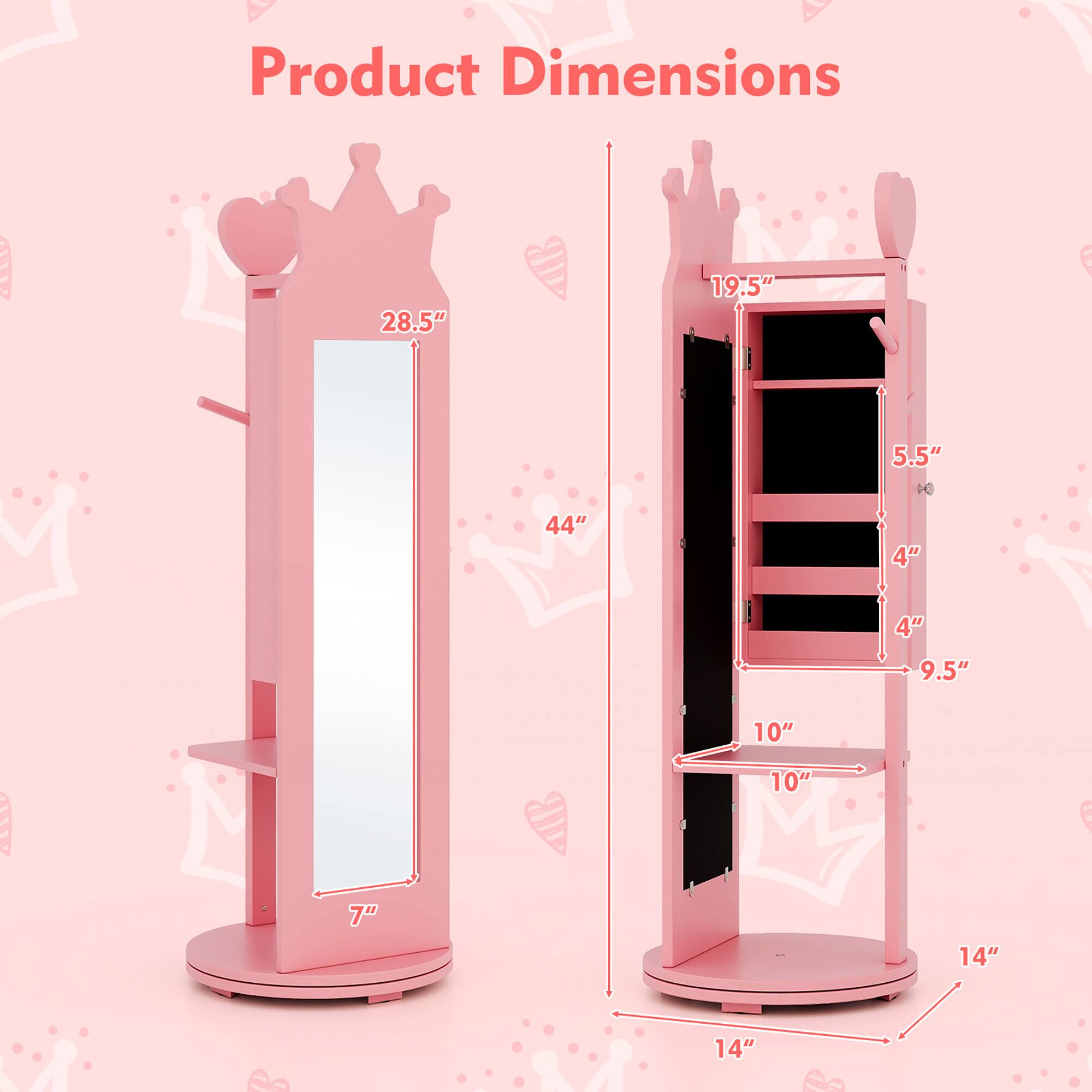 Product Dimensions

- Height: 44"
- Width: 19.5"
- Depth: 14"
- Mirror Height: 28.5"
- Mirror Width: 7"
- Shelf 1: 10" (Width) x 4" (Depth)
- Shelf 2: 10" (Width) x 4" (Depth)
- Shelf 3: 10" (Width) x 4" (Depth)
- Drawer: 19.5" (Width) x 5.5" (Height) x 9.5" (Depth)