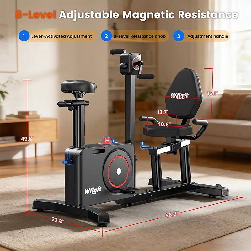 8-Level Adjustable Magnetic Resistance  
1. Lever-Activated Adjustment  
2. 8-Level Resistance Knob  
3. Adjustment handle  

Dimensions:  
- Width: 22.8"  
- Height: 49.6"  
- Seat Height: 10.6"  
- Seat Back Height: 13.7"  
- Overall Length: 66.9"  
- Seat Back Width: 15.1"