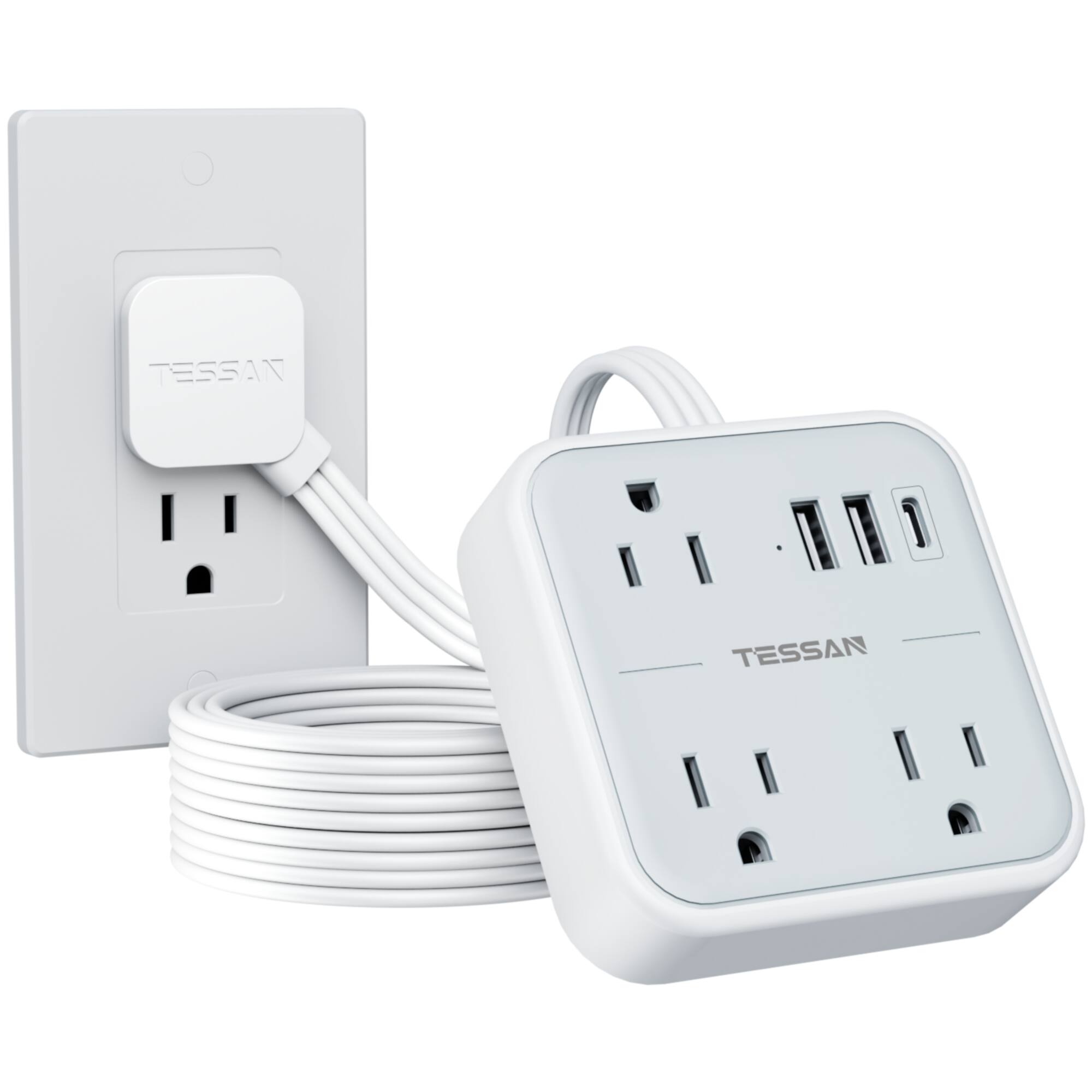 TESSAN - 3-Outlet, 2-USB, 1-USB-C Surge Protector Strip with 3 ft Cord - Grey White