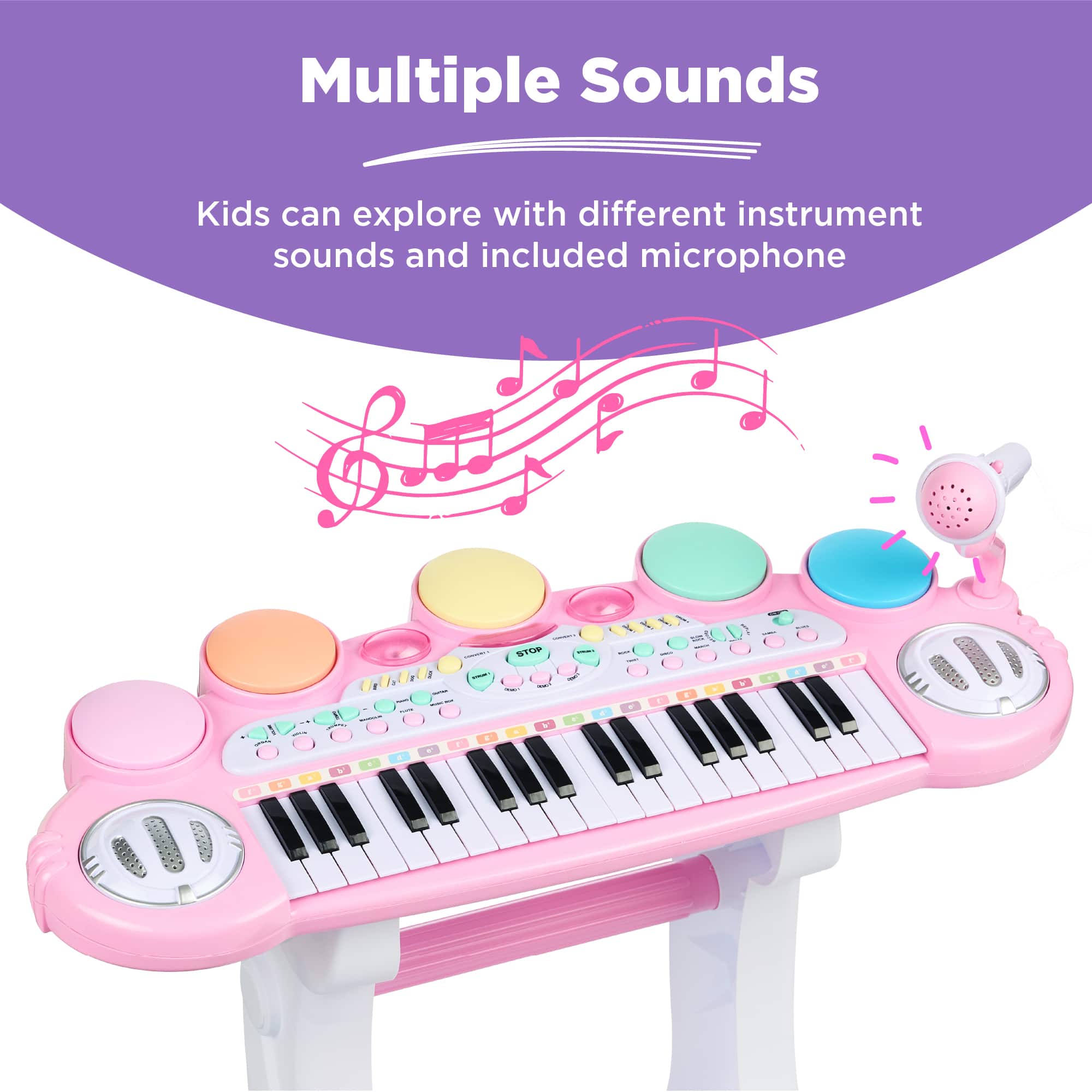 Multiple Sounds
Kids can explore with different instrument sounds and included microphone