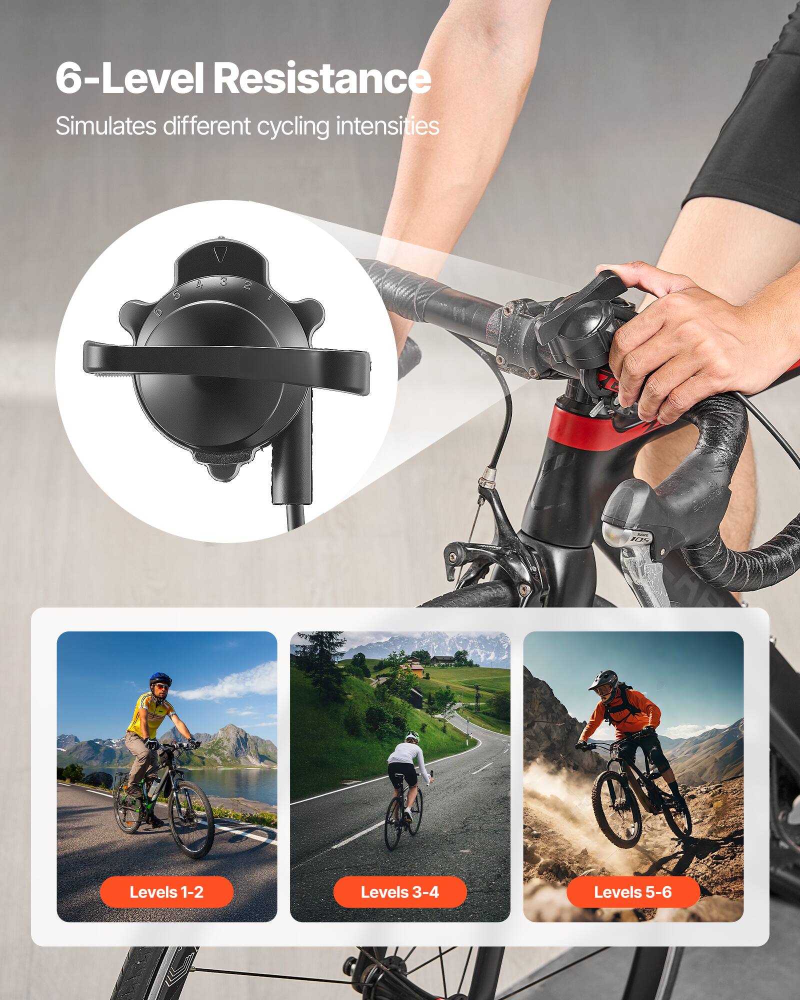6-Level Resistance  
Simulates different cycling intensities  

Levels 1-2  
Levels 3-4  
Levels 5-6