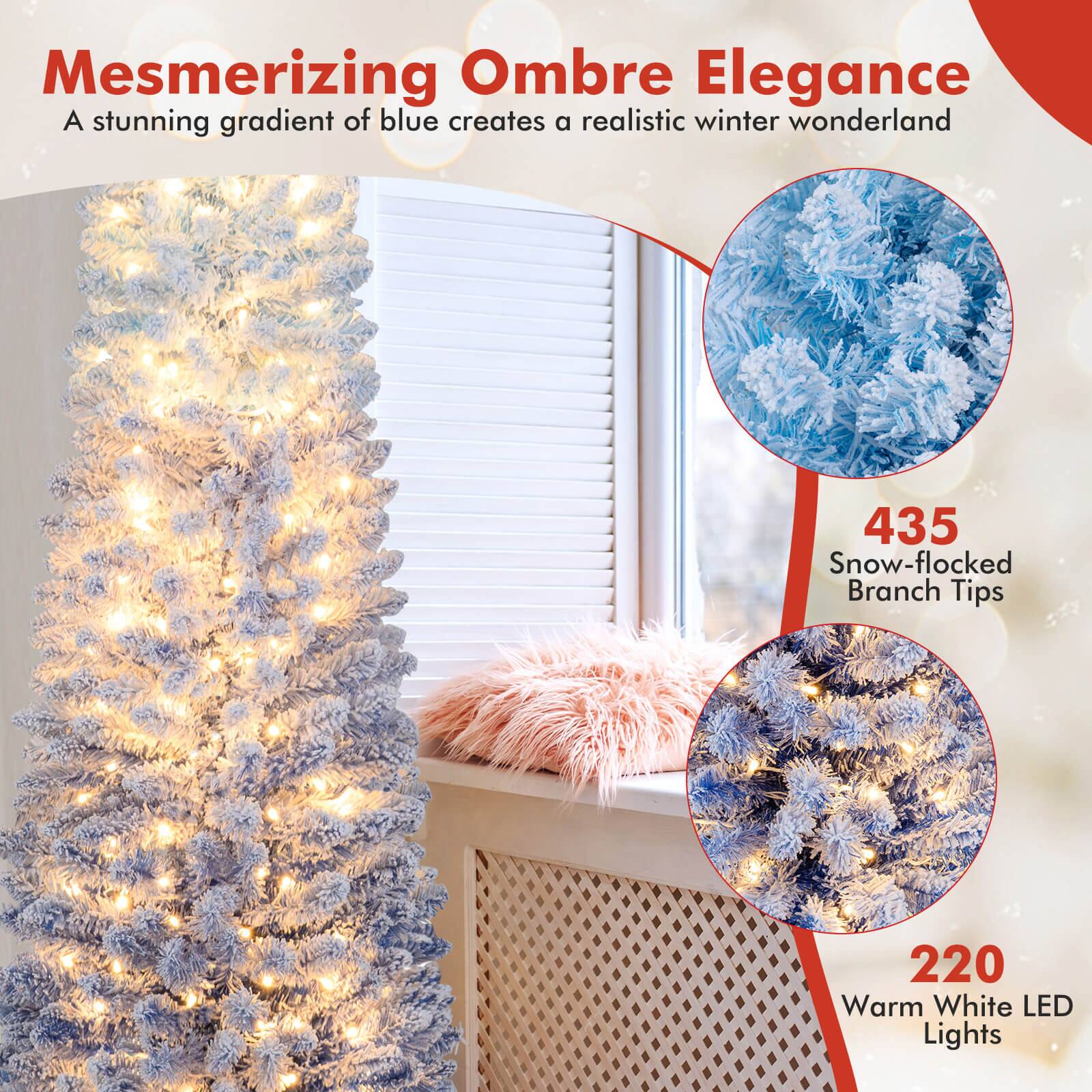 Mesmerizing Ombre Elegance  
A stunning gradient of blue creates a realistic winter wonderland  

435 Snow-flocked Branch Tips  

220 Warm White LED Lights