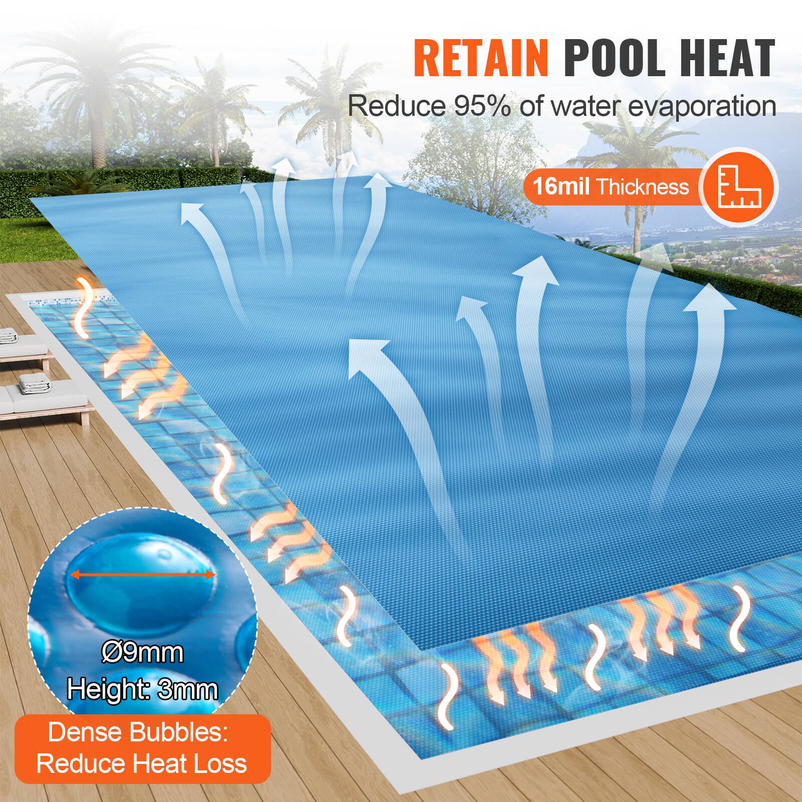 RETAIN POOL HEAT  
Reduce 95% of water evaporation  

16mil Thickness  

09mm Height: 3mm  
Dense Bubbles: Reduce Heat Loss