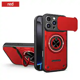 Dteck - Shockproof Case for Apple iPhone 16 Pro Max with Slide Lens Protector, 360° Rotatable Ring Kickstand Rugged Cover - Red