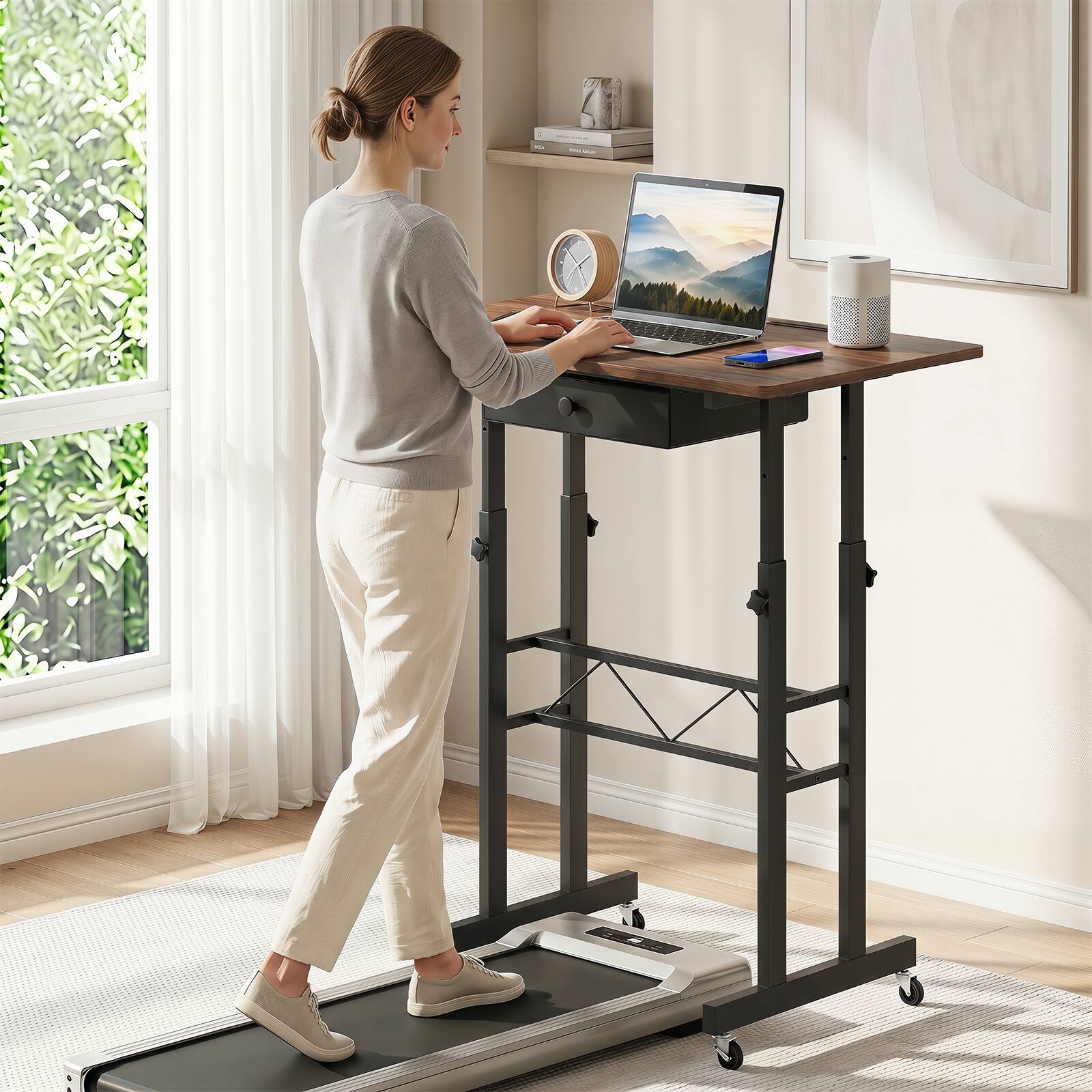 Alt View 4. Costway - Costway Standing Desk, Height Adjustable Laptop Desk with Fabric Drawer, Tablet Holder - Rustic Brown & Black.