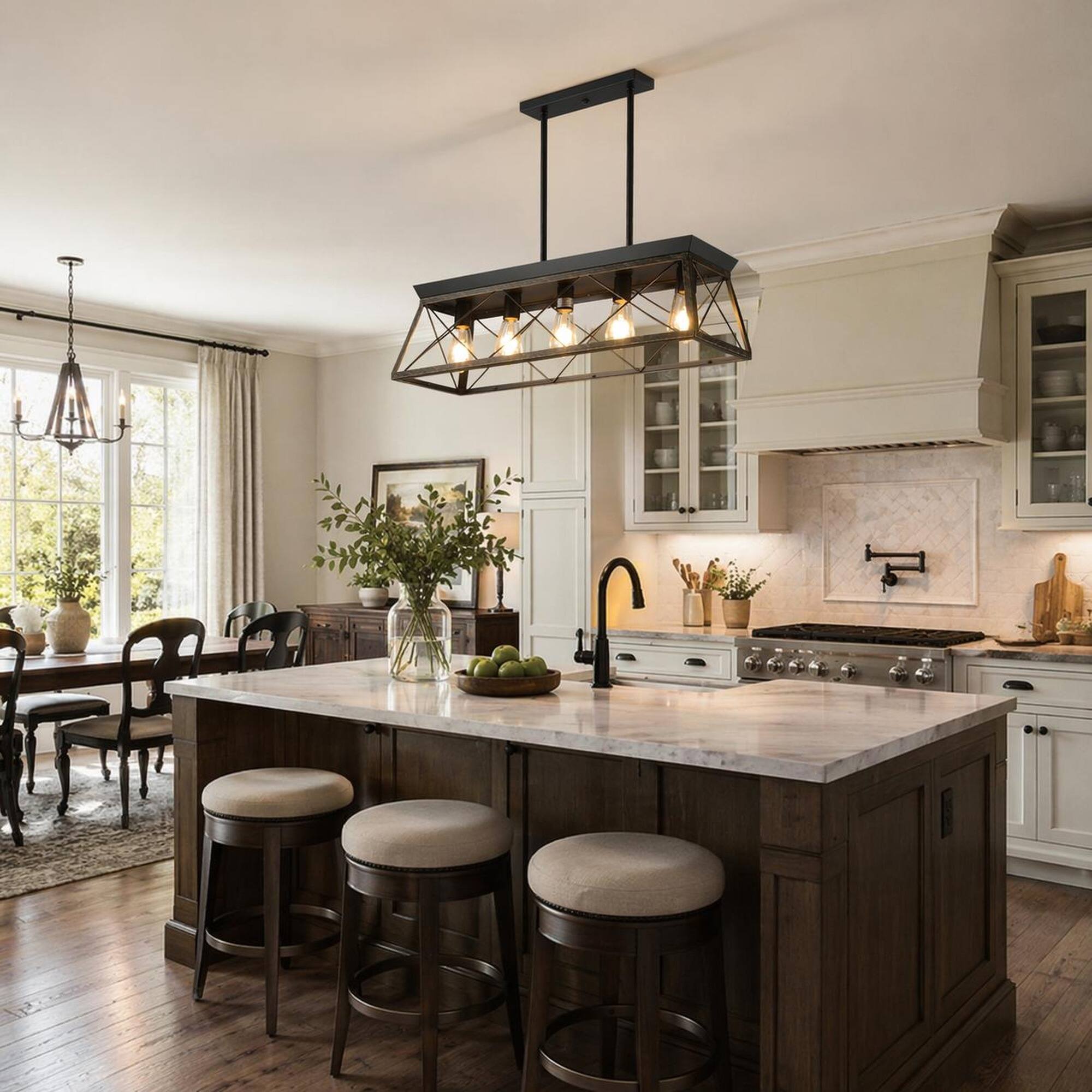Angle. RYHNUYNE - Industrial 5‑Light Linear Chandelier, 32" Black Kitchen Island Lighting for Kitchen Island Dining Living Room - Black+Gold.