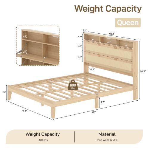44" Weight Capacity Queen  
5.1"  
62.8"  
5.5"  
20"  
20.1"  
9.5"  
20"  
3.8"  
9.5"  
10.3"  
46.3"  
12"  
800 lbs  
7.7"  
61.4"  
83"  
Weight Capacity: 800 lbs  
Material: Pine Wood & MDF