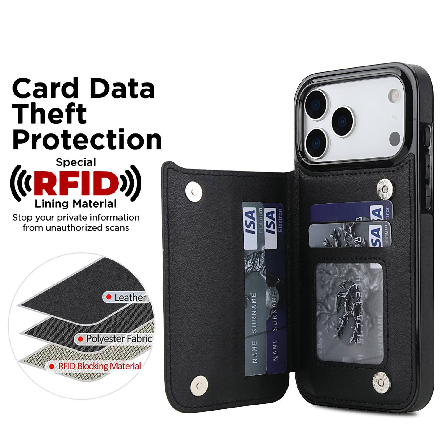 Card Data Theft Protection  
Special RFID Lining Material  
Stop your private information from unauthorized scans  

Leather  
Polyester Fabric  
RFID Blocking Material  

ISA SURNAME NAME  
Platinum  
ISA Electron SURNAME NAME  
8:  
A SA  
ctron atinum