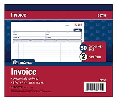 Invoice  
Consecutively numbered  
8 3/8" x 7 3/16" (21.3 x 18.3 cm)  
TOPS PRODUCTS D8740  
50 carbonless sets  
2 part form  

Invoice  
123456  
Invoice  

adams  

TOPS  
1-800-776-7767  
www.tops.com
