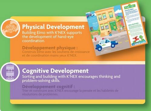 **Physical Development**  
Building Elmo with K'NEX supports the development of hand-eye coordination.  
Développement physique : Construis Elmo avec les soutiens de croissance et de coordination mains yeux K'NEX.

**Cognitive Development**  
Sorting and building with K'NEX encourages thinking and problem-solving skills.  
Développement cognitif : Trier et construire avec K'NEX encourage la pensée et les habiletés de résolutions de problèmes.