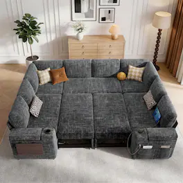 Dyonery - 108"Modular Sectional Sofa with Pull Out Bed,Chenille Fabric 8 Seat Sectional Sleeper Sofa with Storage,for Living Room - Gray