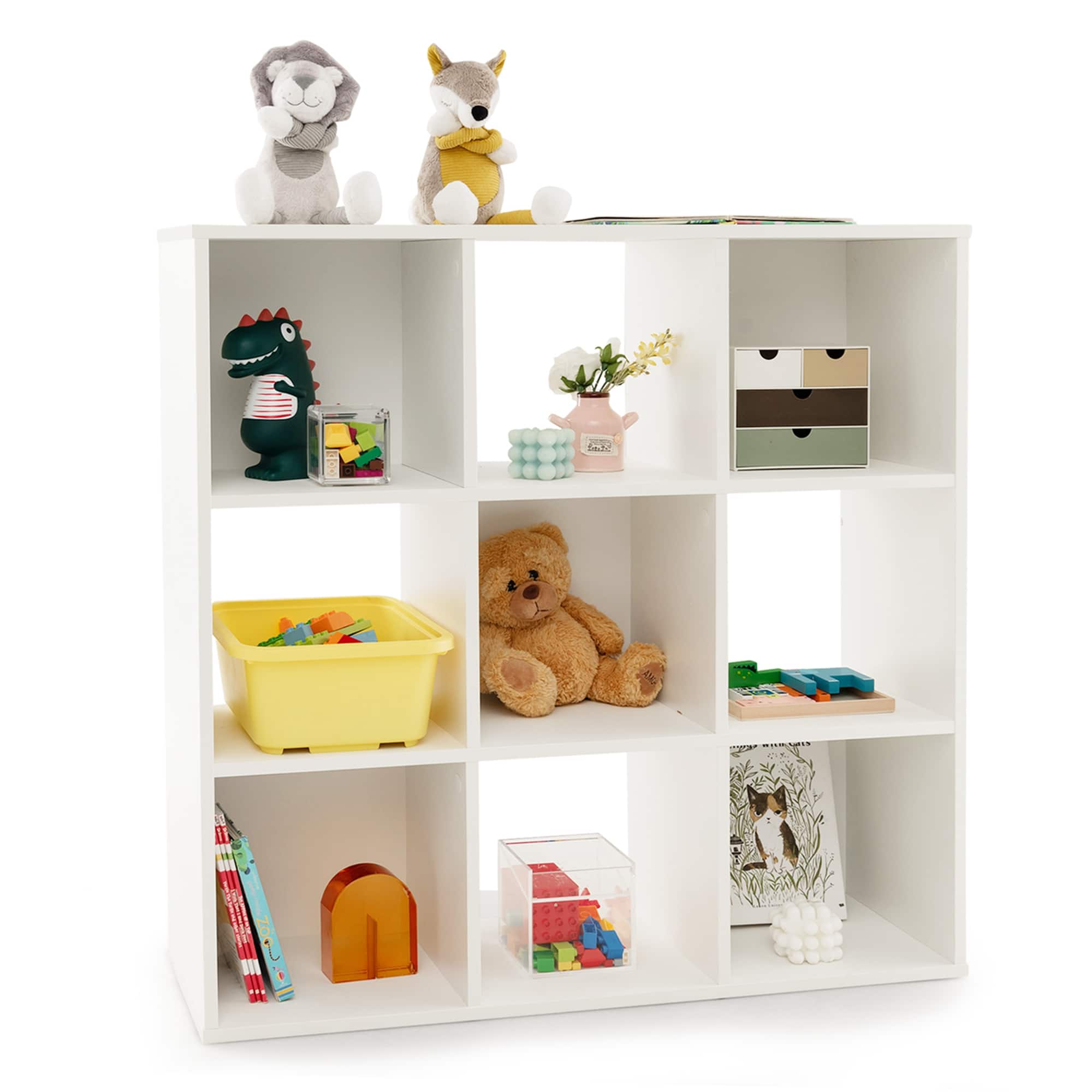 Costway - 9-Cube Kids Toy Storage Organizer Wooden Children's Bookcase Display Bookshelf - White