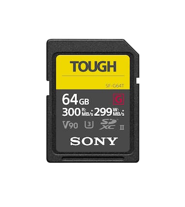 TOUGH SF-G64T
64 GB
R: 300 MB/s
W: 299 MB/s
V90
XC II
SONY