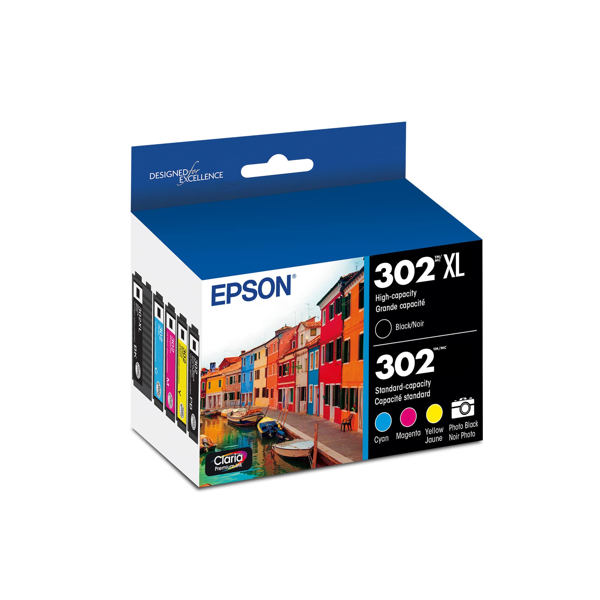 Epson - 302/302XL 5-Pack High-Yield and Standard Capacity Ink Cartridges - Photo Black/Cyan/Magenta/Yellow - Front_Zoom