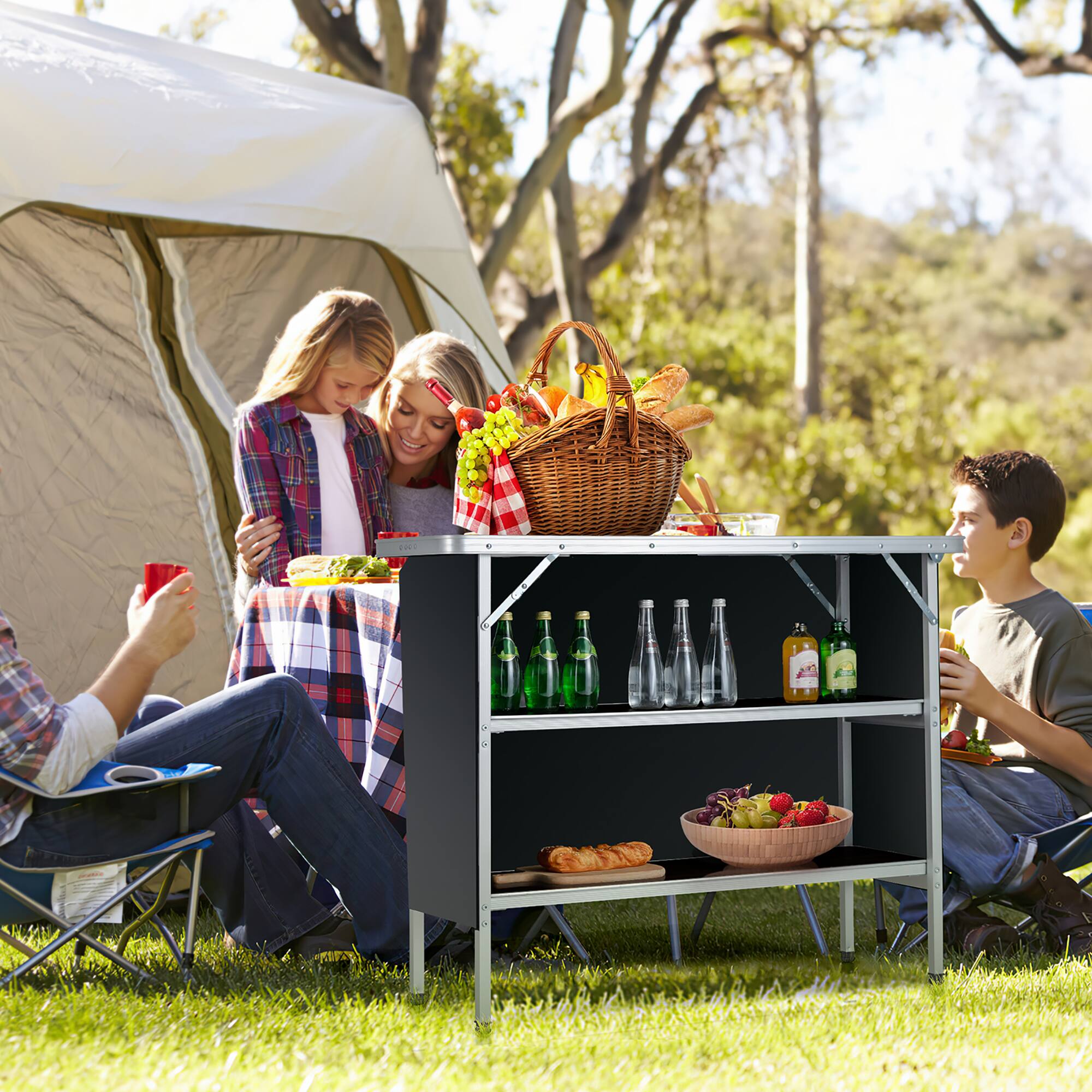 Left. Costway - Folding Camping Table Aluminum Portable Picnic Table with 2-Tier Shelves Black - Black.