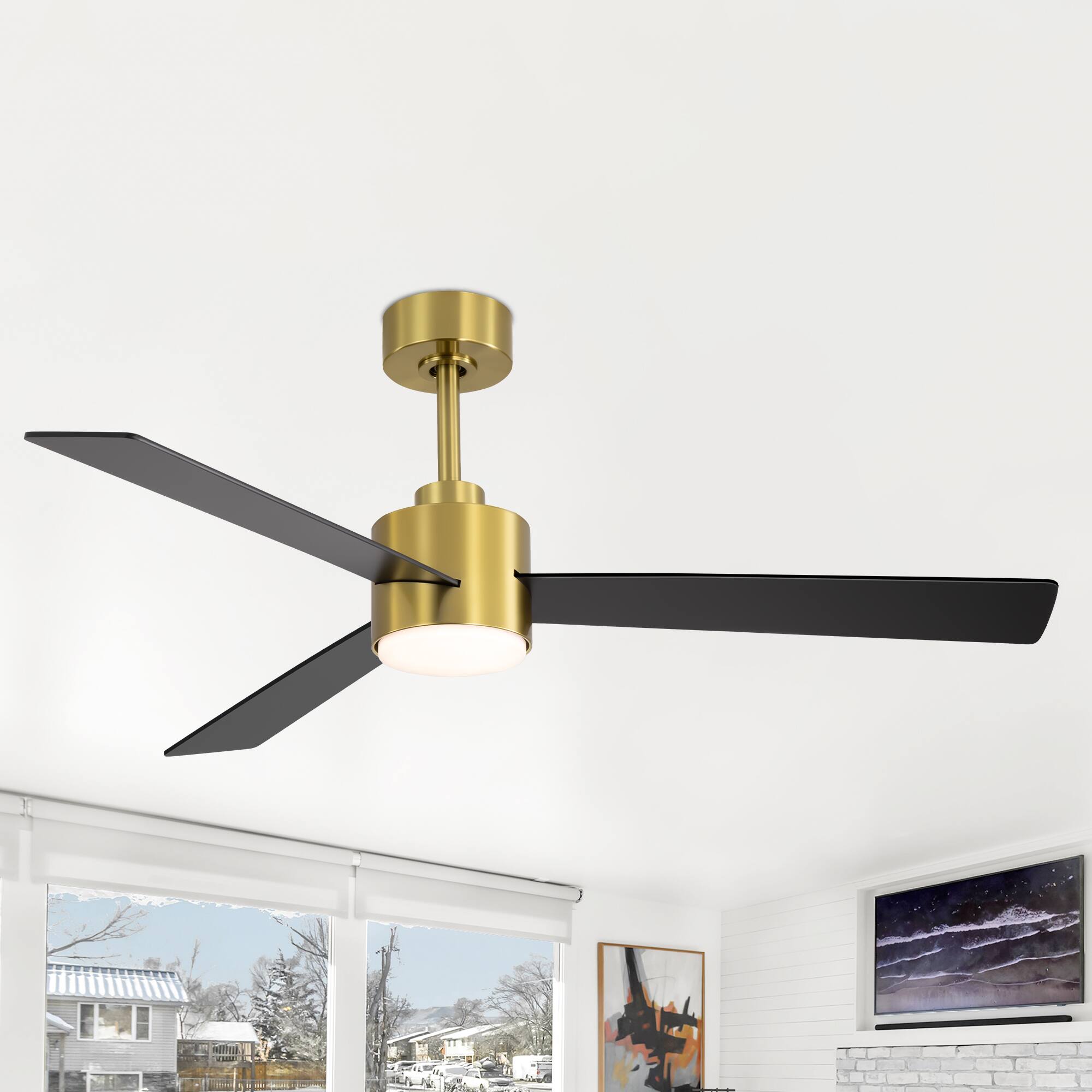 Back. Breezary - 52" Indoor Ceiling Fan, 3 Plywood Blades, 6-Speed DC Motor, Remote & Timer, 5" & 10" Downrods, LED Light/No Light Option - Gold and Black (With Light).