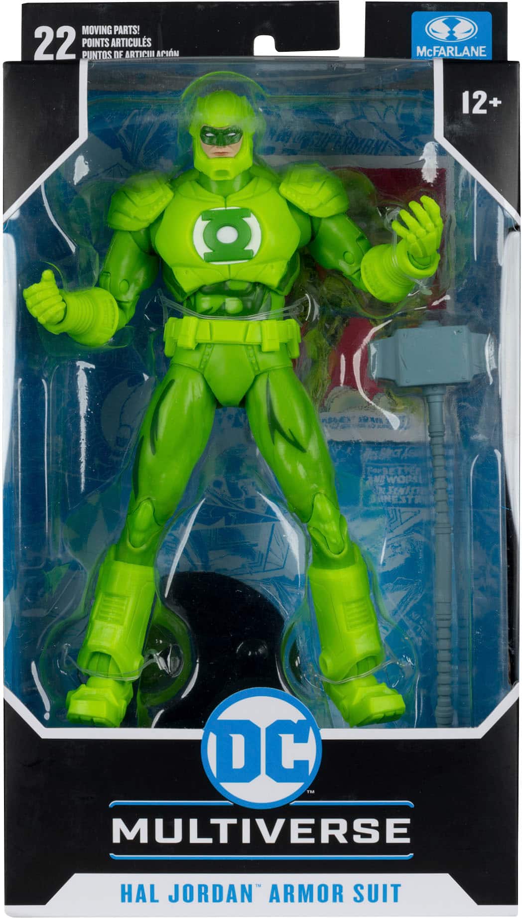 The text on the image reads "22 points of articulation! 12+ a DC Multiverse Hal Jordan Armor Suit." This indicates that the action figure has 22 points of articulation, allowing for a wide range of poses and movements. Additionally, the figure is part of the DC Multiverse line and is based on the Hal Jordan Armor Suit.