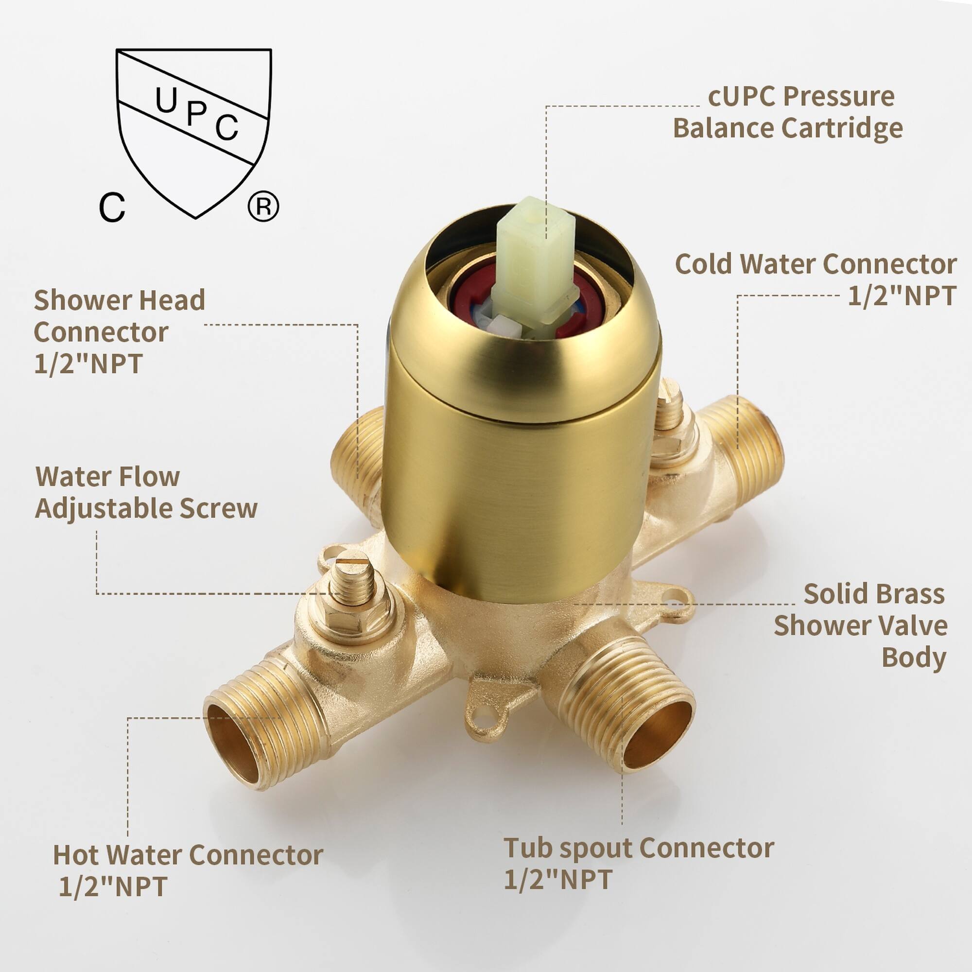 UPC Pressure Balance Cartridge Shower Head Connector 1/2"NPT Cold Water Connector 1/2"NPT Water Flow Adjustable Screw Solid Brass Shower Valve Body Hot Water Connector 1/2"NPT Tub spout Connector 1/2"NPT
