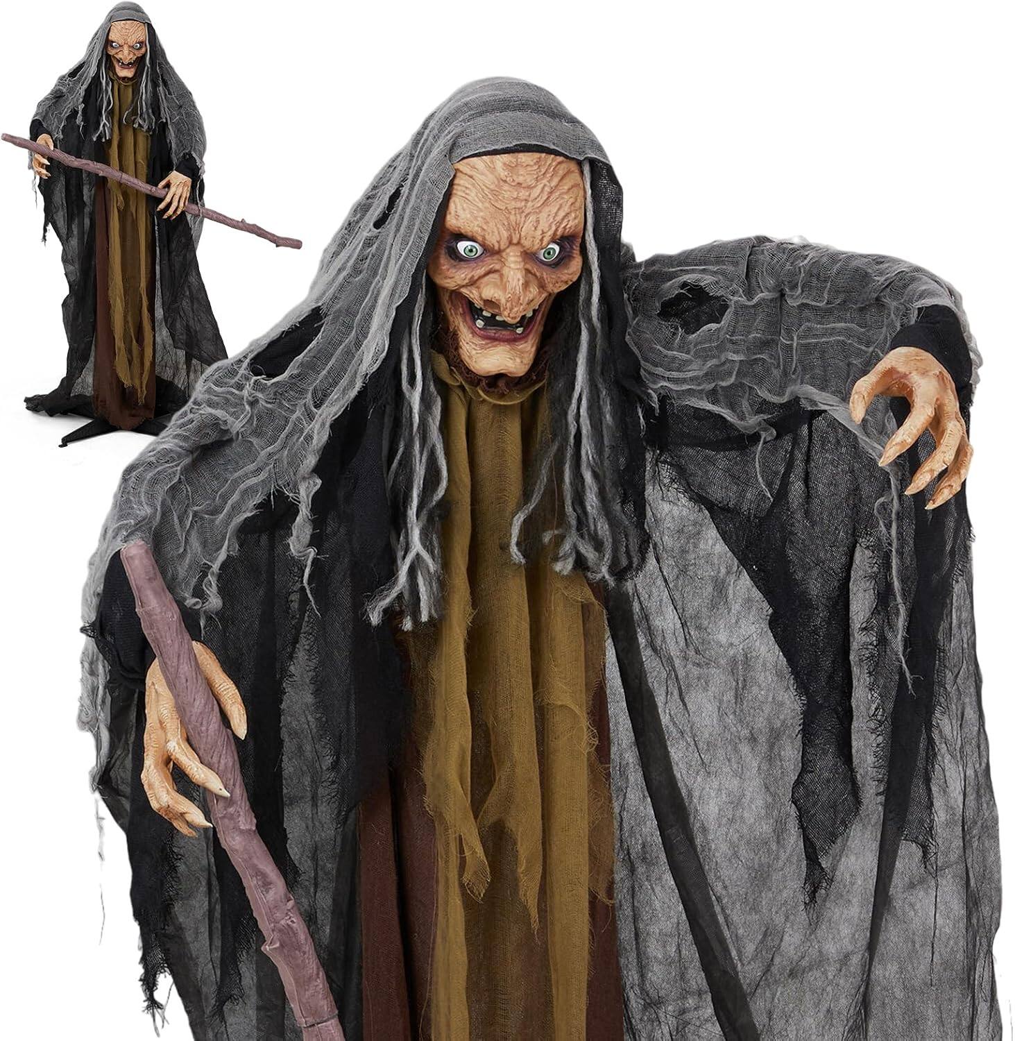 Alt View 1. Winado - Halloween 5.3FT Standing Cane Witch with Red Eyes, Scary Props Animatronics Decoration for Outdoor Indoor Haunted House - Black & Gray.