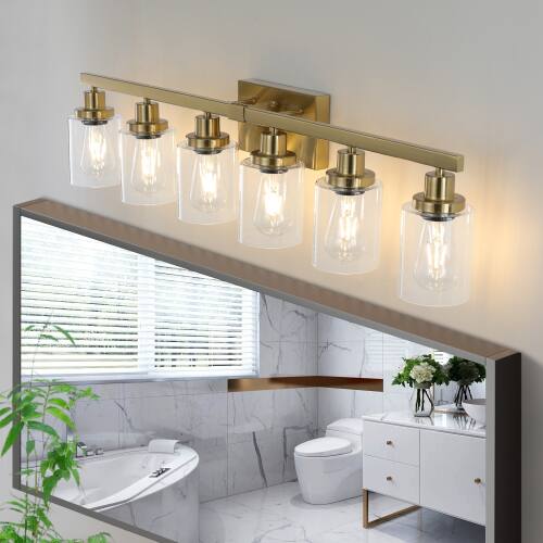 Left. LUCKY ONE - 37in Wall Mount Vanity Light, 6-Light Gold Iron Sconce with Clear Glass Shades for Bathroom - Gold.