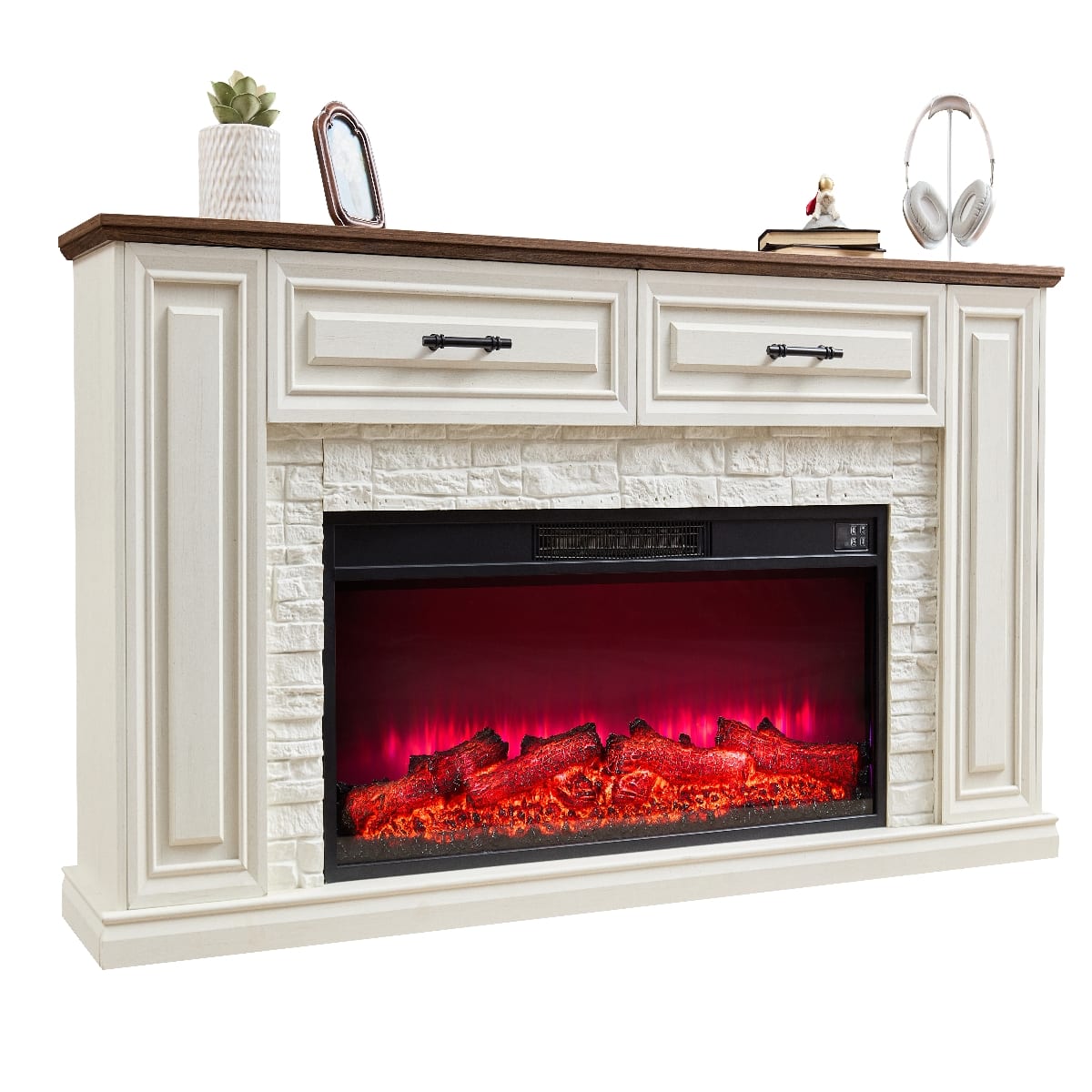 Loheer - 70 Inch Fireplace TV Stand for 80 Inch TV, Farmhouse Entertainment Center with 42 Inch Electric Heater - White
