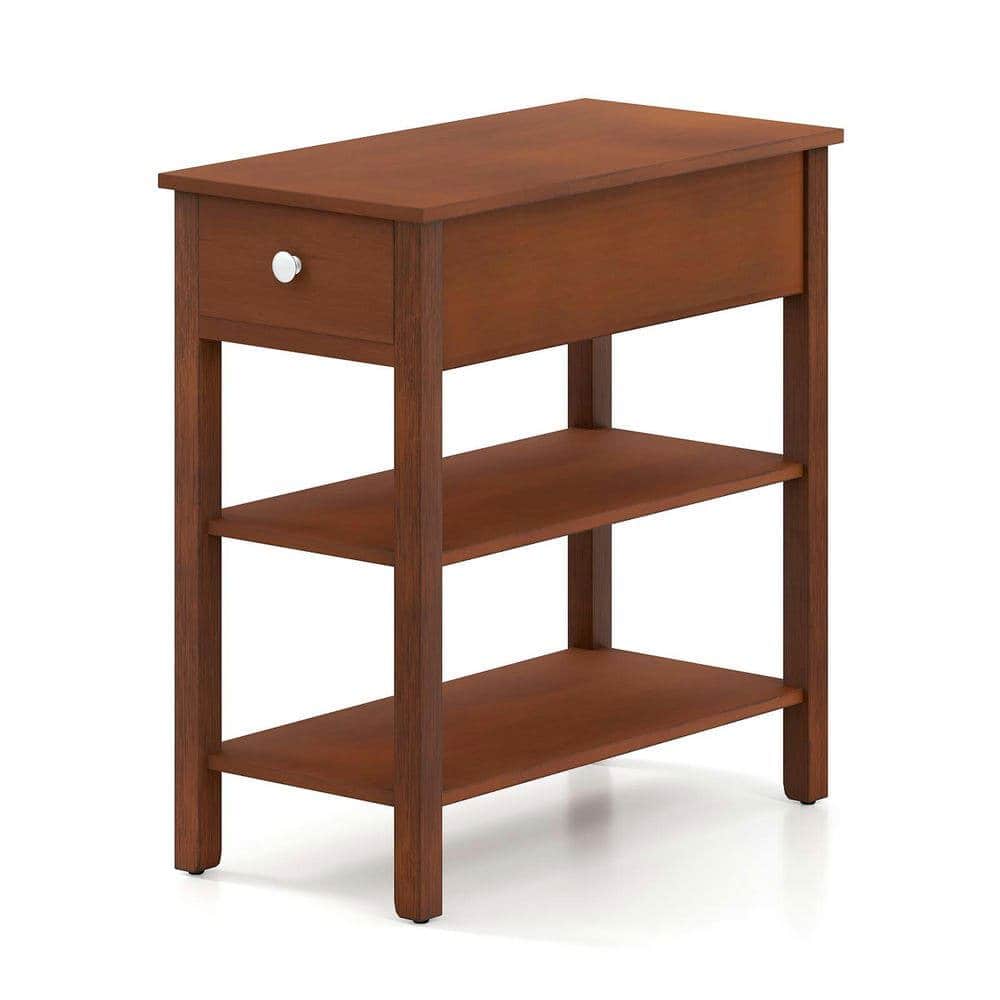 Resenkos - 3-Tier Slim End Table with Drawer and Two Open Storage Shelves - Brown