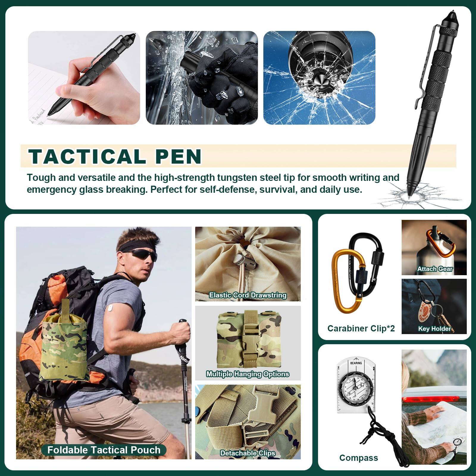 **TACTICAL PEN**

Tough and versatile with the high-strength tungsten steel tip for smooth writing and emergency glass breaking. Perfect for self-defense, survival, and daily use.

- **Foldable Tactical Pouch**
- **Elastic Cord Drawstring**
- **Carabiner Clip*2**
- **Key Holder**
- **Multiple Hanging Options**
- **Detachable Clips**
- **Compass**

*Attach Gear Elastic Cord Drawstring Carabiner Clip*2 Key Holder WARING Multiple Hanging Options Foldable Tactical Pouch Detachable Clips Compass