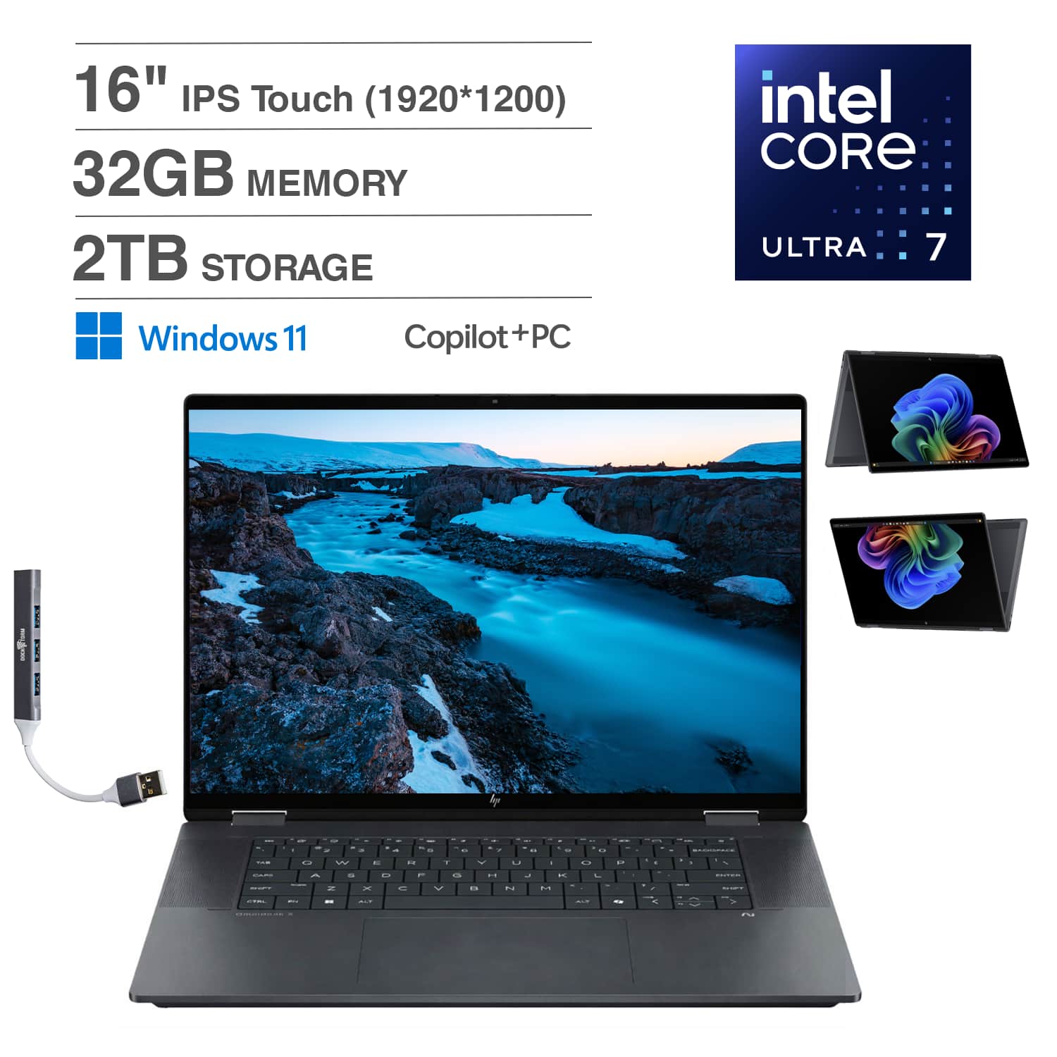 HP - OmniBook X Flip 2-in-1 Laptop 16.0 WUXGA (Intel Ultra 7-258V, 32GB LPDDR5X, 2TB SSD, Win 11 Home) w/USB Hub - Eclipse Gray