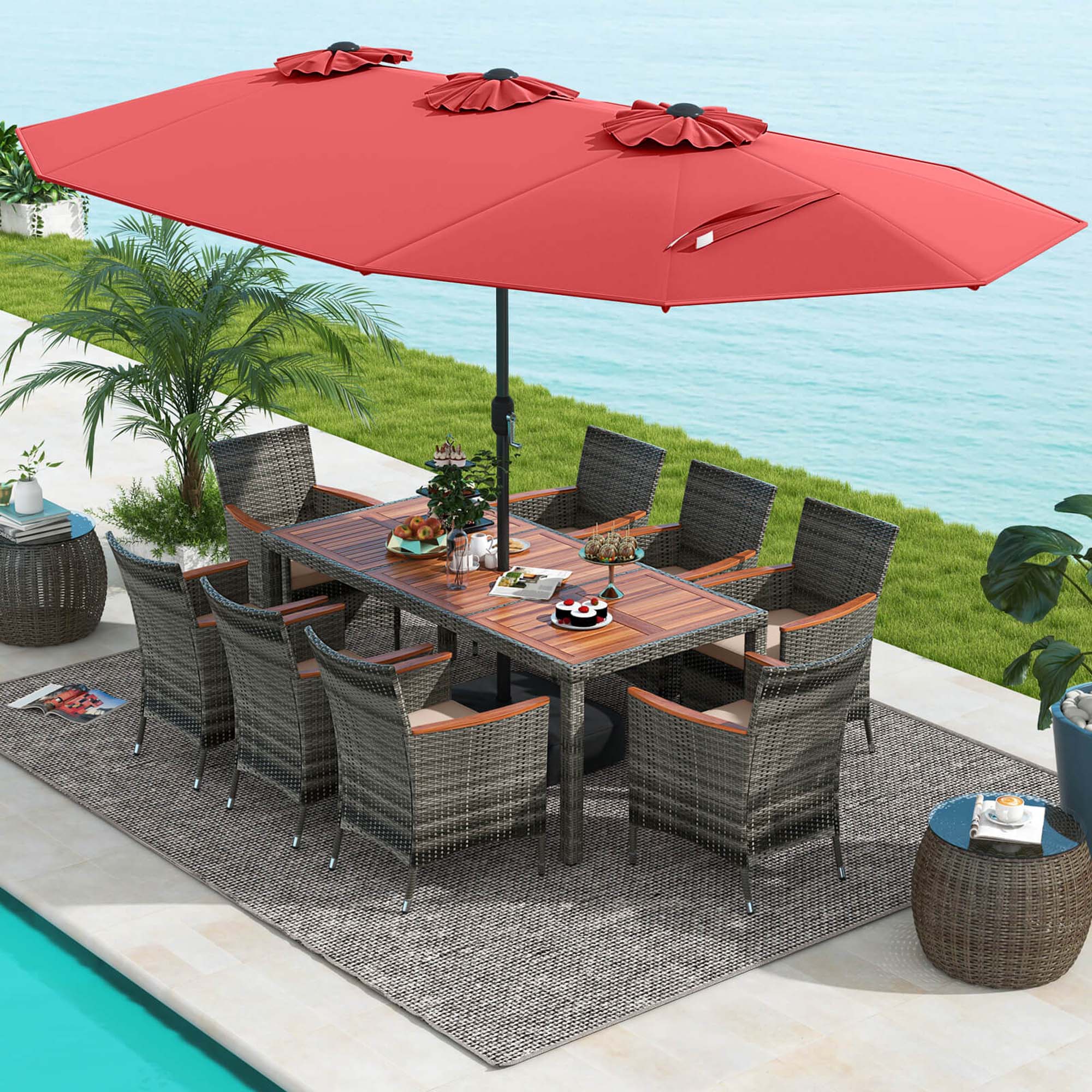 Alt View 1. Costway - 10 Pieces Patio Wicker Dining Set with Double-Sided Patio Umbrella 8 Armchairs - Red,Mix Brown.