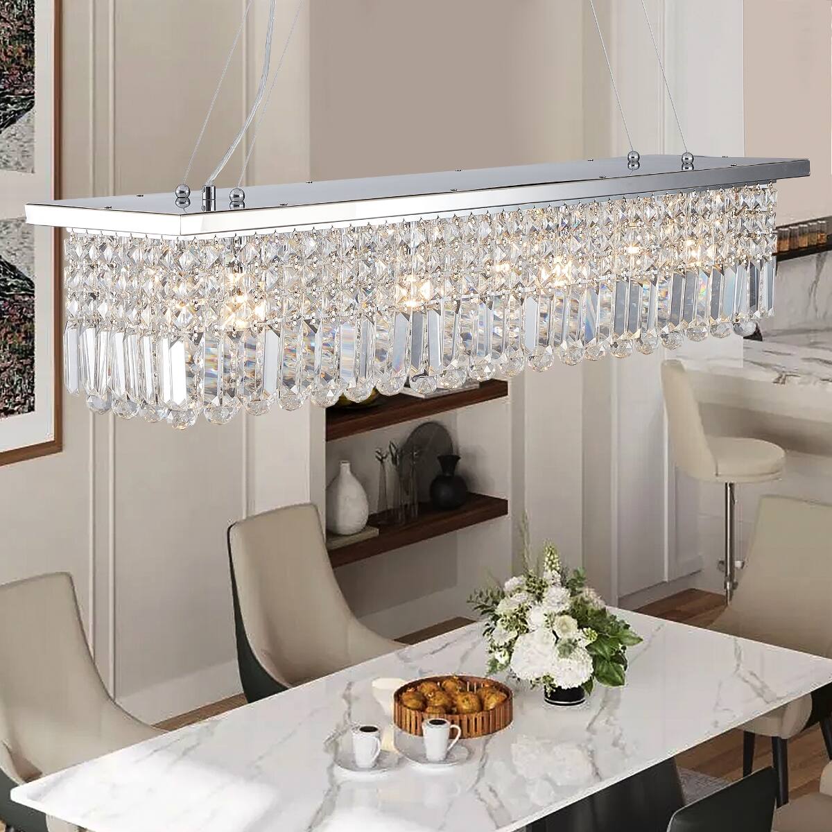Back. Loheer - Loheer Eight Light Crystal Chandelier Chrome Rectangle Pendant for Dining Room or Kitchen Island.